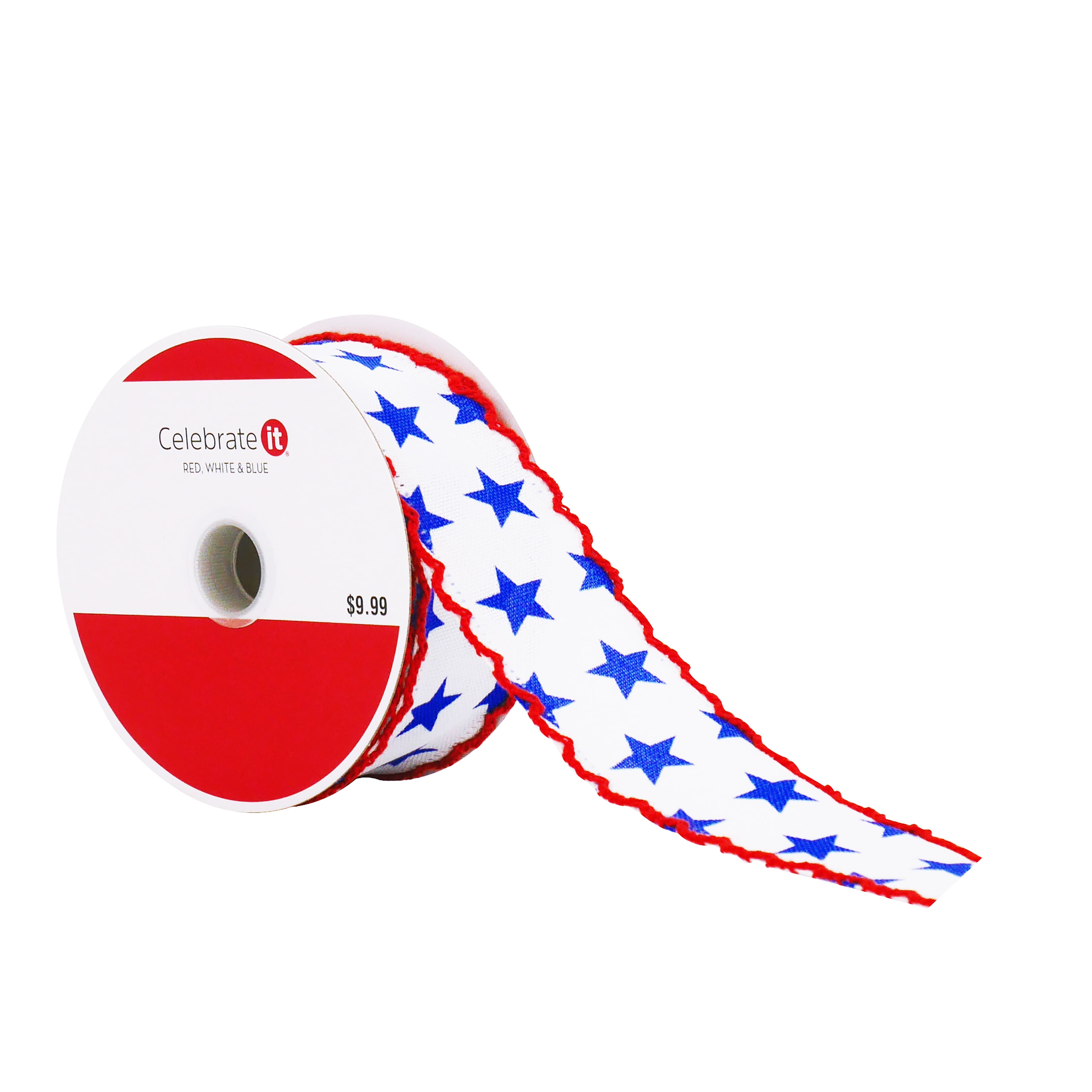 1.5" x 5yd. Blue & White Stars with Red Edge Wired Cross Linen Ribbon by Celebrate It®