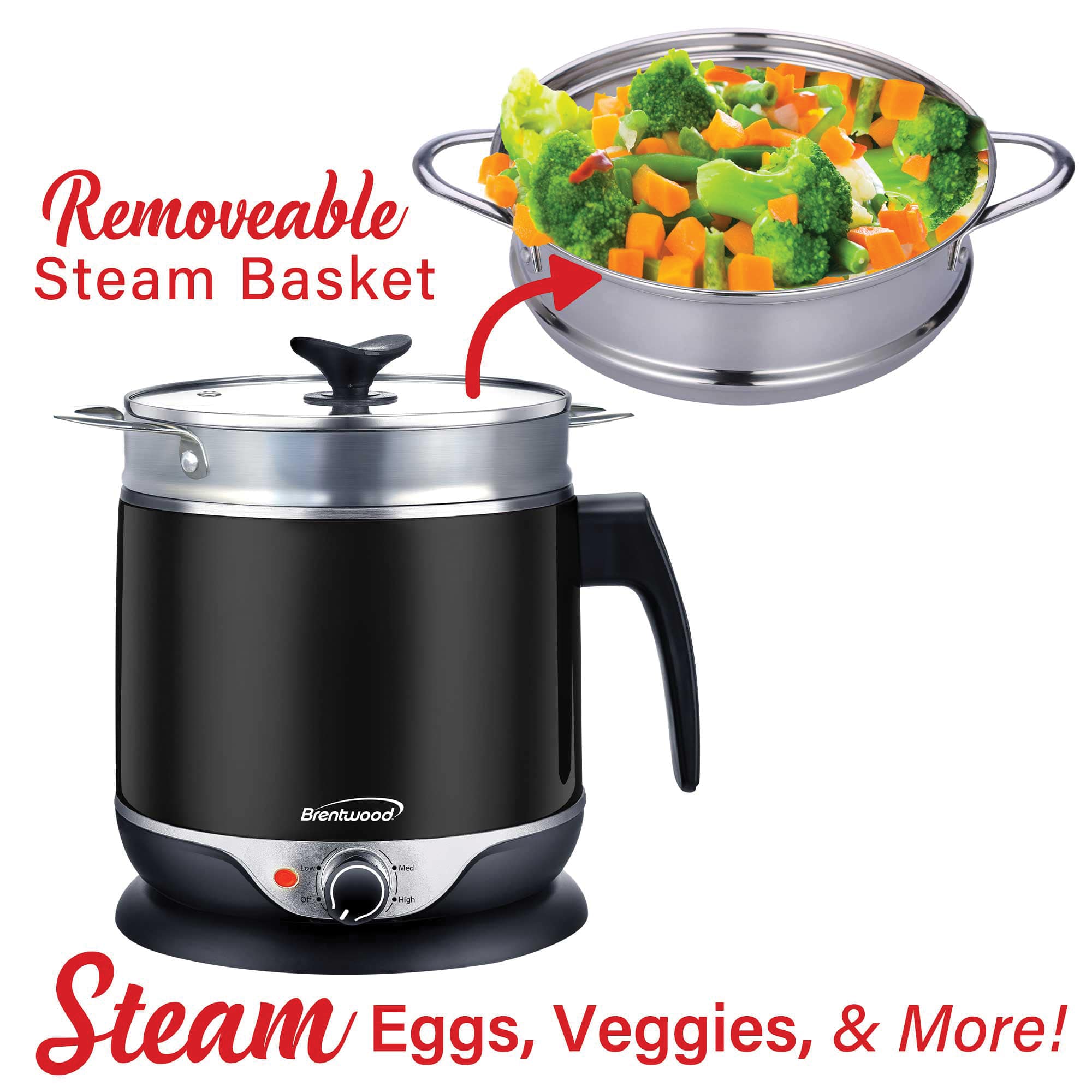 Brentwood 1.9qt. 600-Watt Stainless Steel Cordless Electric Hot Pot Cooker & Food Steamer With Swivel Base