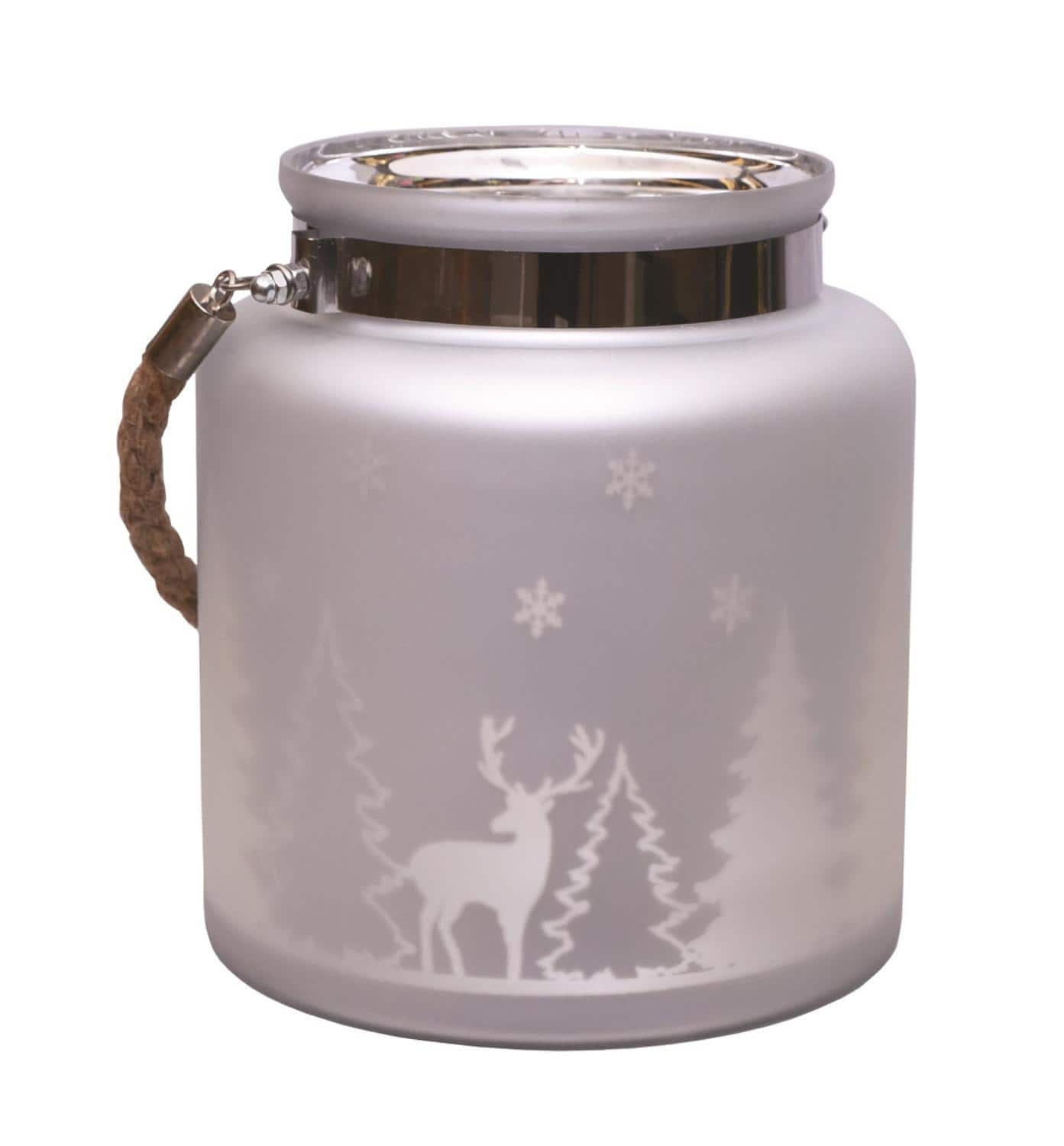 8" Matte Silver Winter Scene Christmas Pillar Candle Lantern