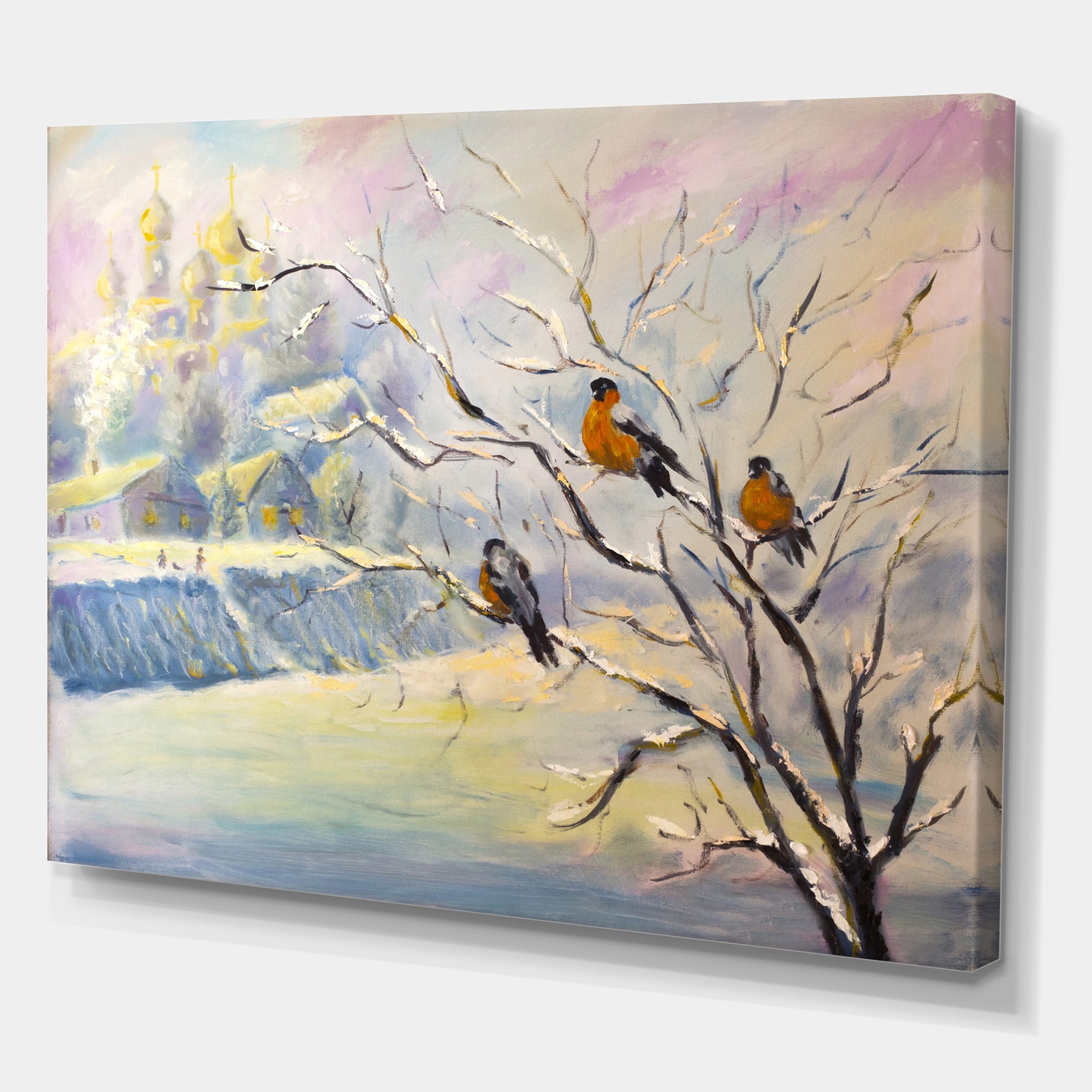 Designart - Rustic Birds On A Tree In Winter Village - Farmhouse Canvas Wall Art Print