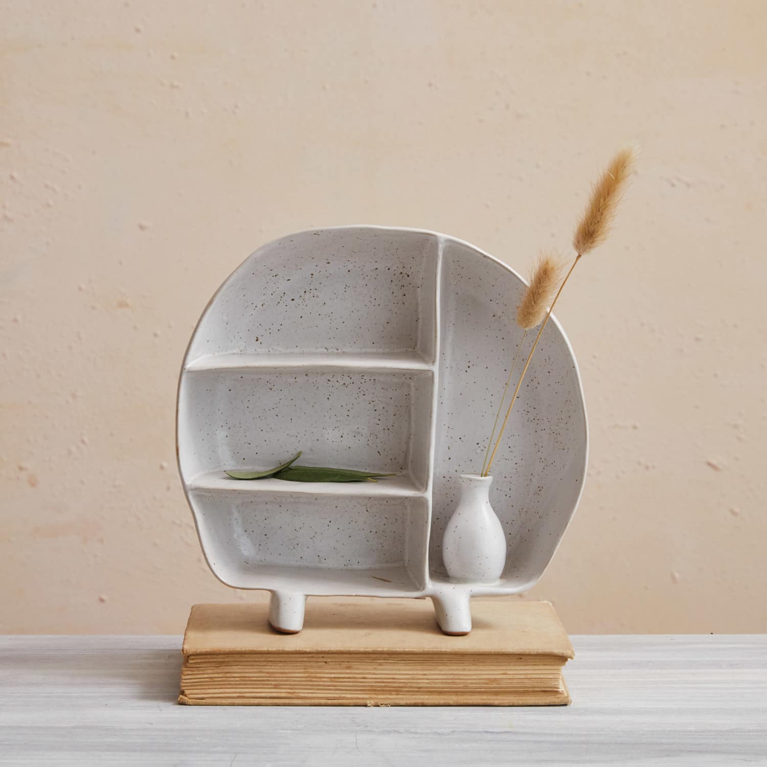Hello Honey® 8.5" Cream Stoneware Footed Shelf with 4 Compartments & Attached Vase with Reactive Glaze