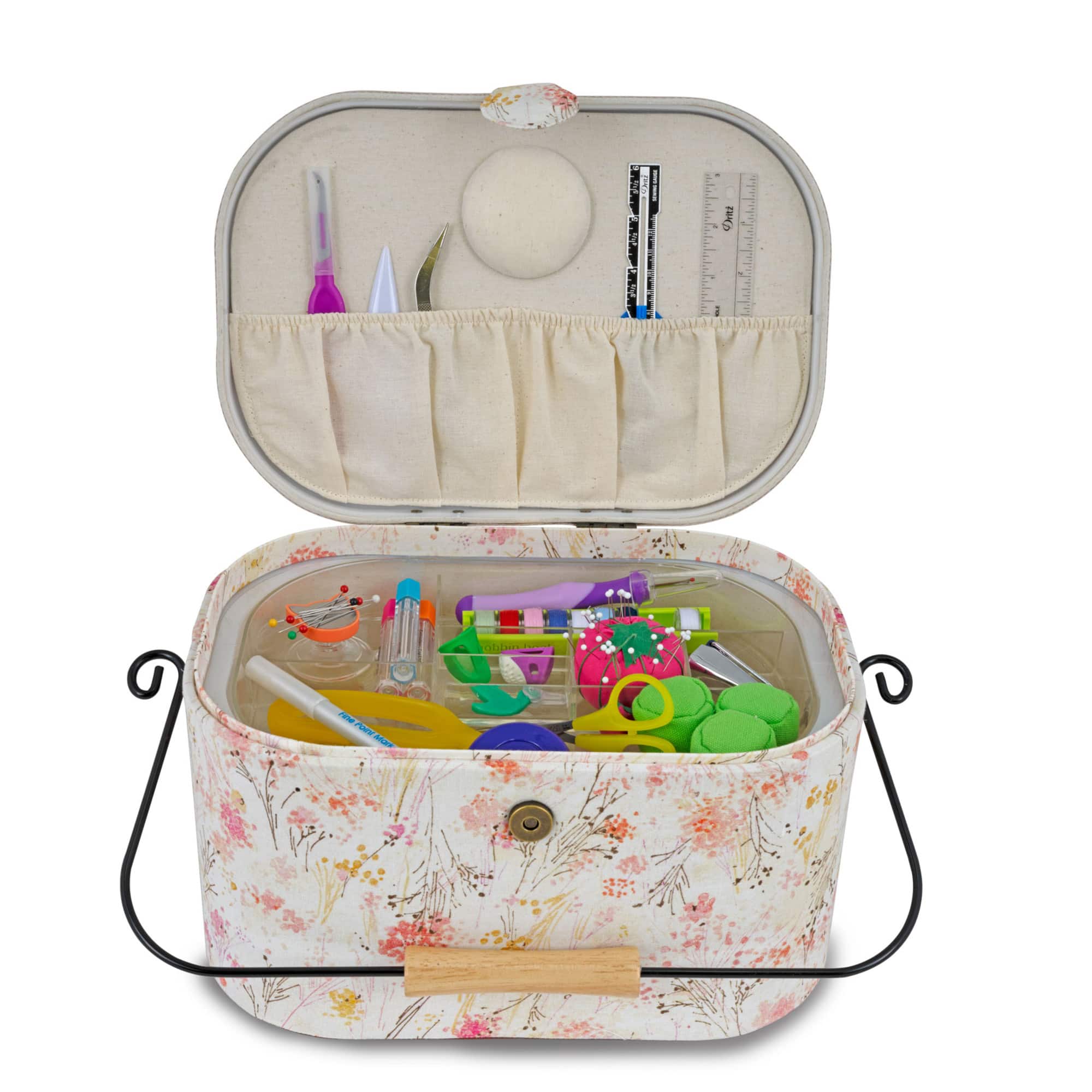 Dritz® Neutral Floral Large Oval Sewing Basket With Metal Handle