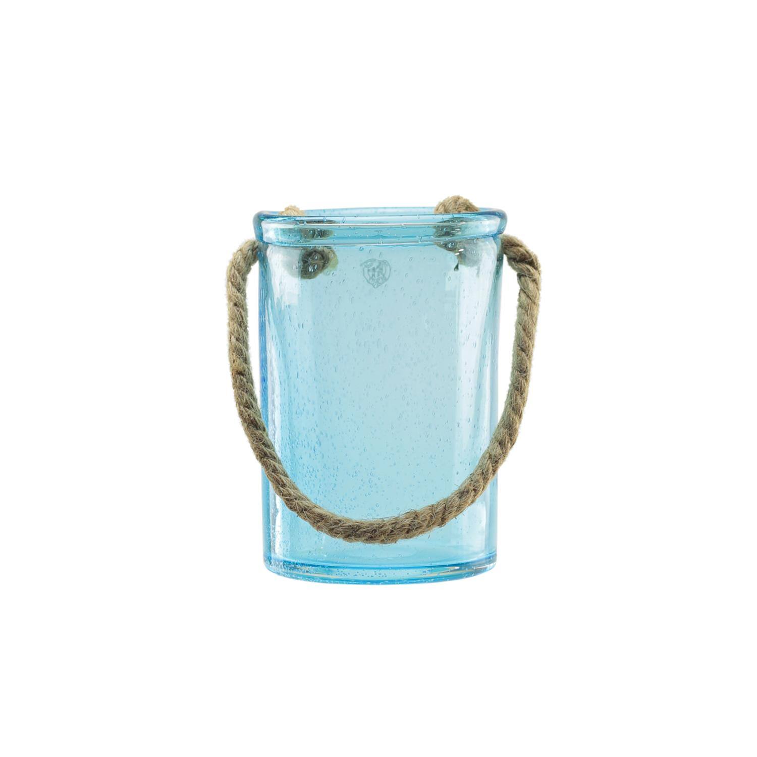 8" Transparent Azure Blue Hand Blown Bubble Glass Hurricane