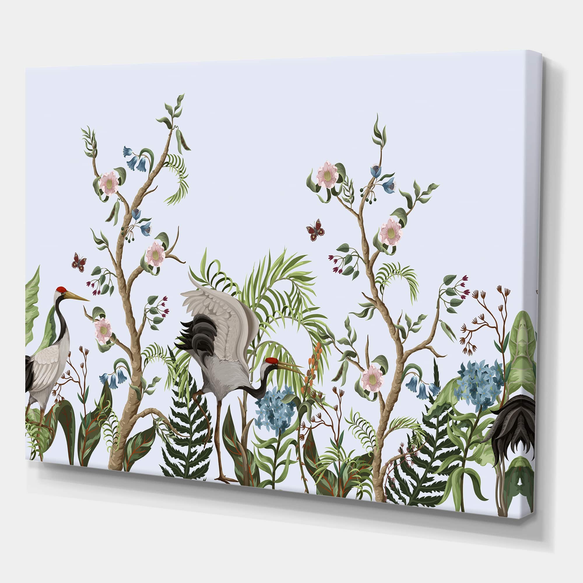 Designart - Border With Cranes & Peonies In Chinoiserie Style - Traditional Canvas Wall Art Print