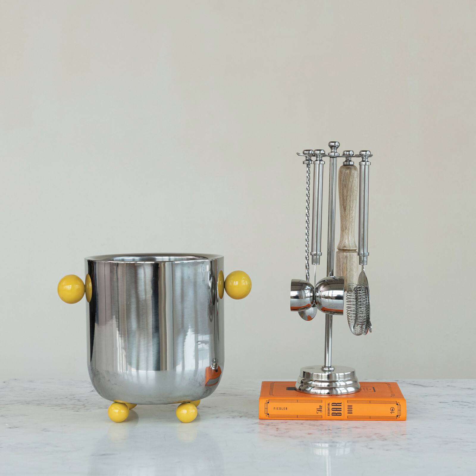 Hello Honey 5-Piece Stainless Steel and Mango Wood Bar Tools with Stand, Nickel Finish and Natural