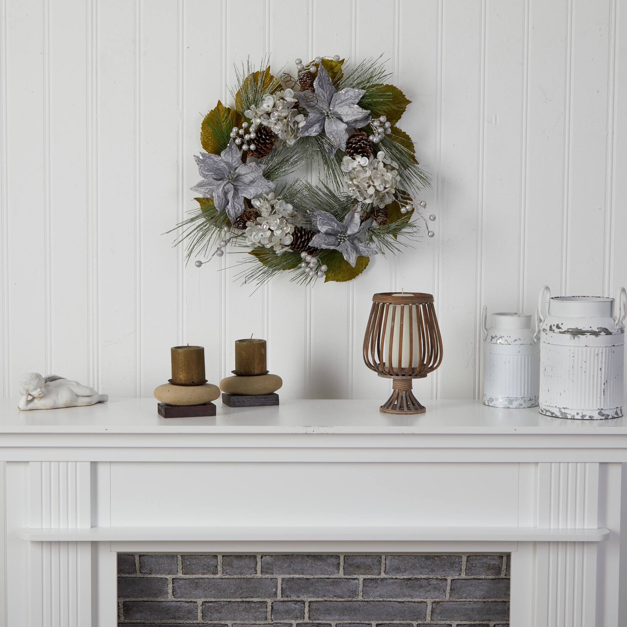 24" Silver Poinsettia, Hydrangea & Pinecones Artificial Christmas Wreath