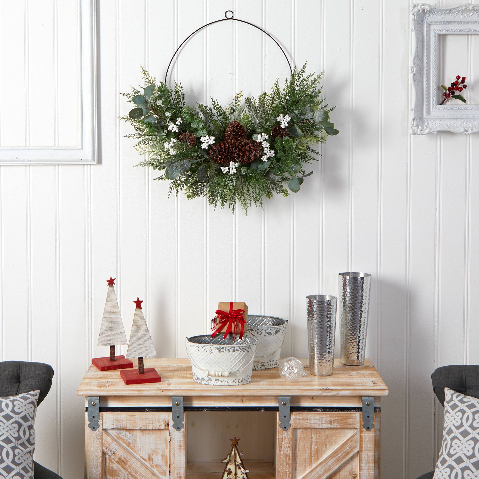28" Christmas Pine, Eucalyptus & Berries Metal Circlet Wreath