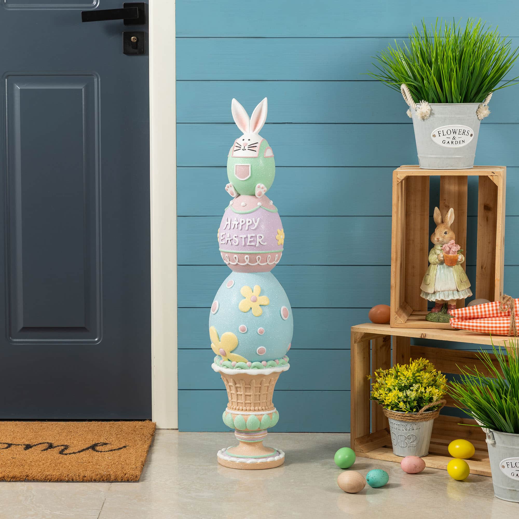 Glitzhome® 30.5" Easter Resin Macaron Stacked Egg & Bunny Porch Decor
