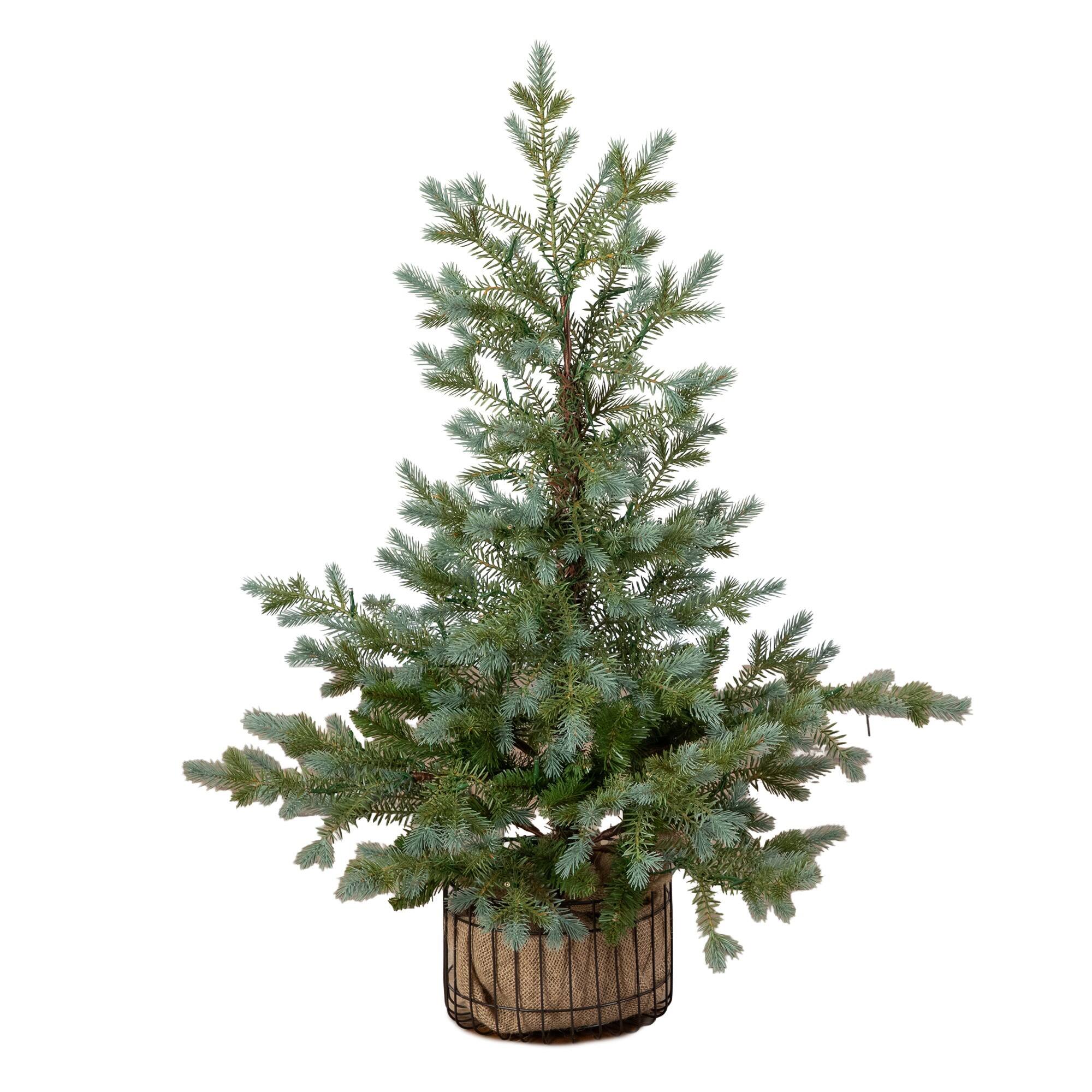 Nearly Natural 3ft. Pre-Lit Artificial Pine Christmas Tree in Jute Wire Planter, Warm White LED lights