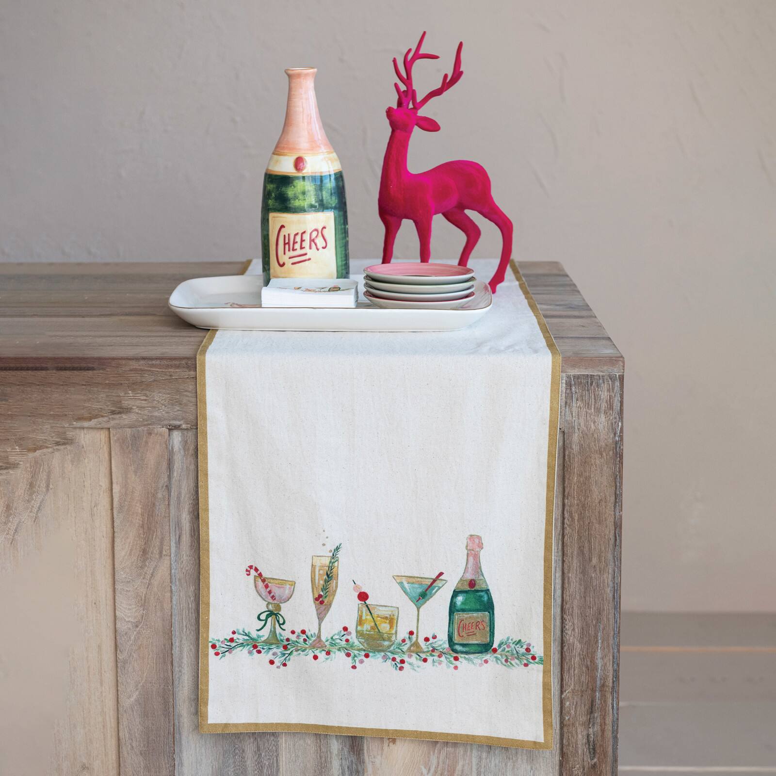 Hello Honey® 72" Holiday Cocktails & Gold Trim Cotton Printed Table Runner