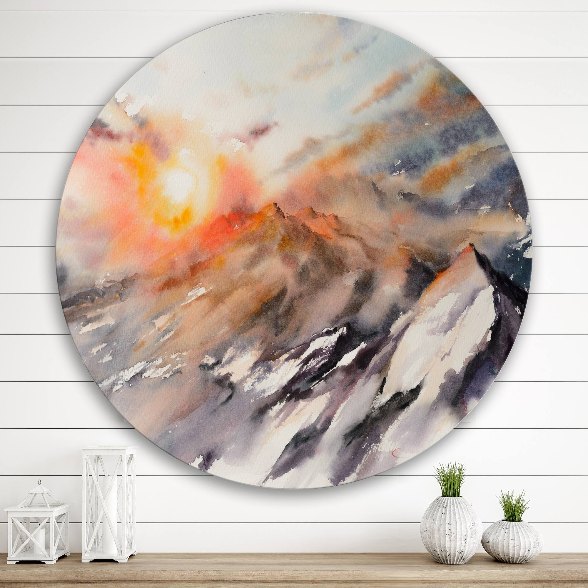 Designart - Majestic Sunset In The Mountains Landscape - Traditional Metal Circle Wall Art