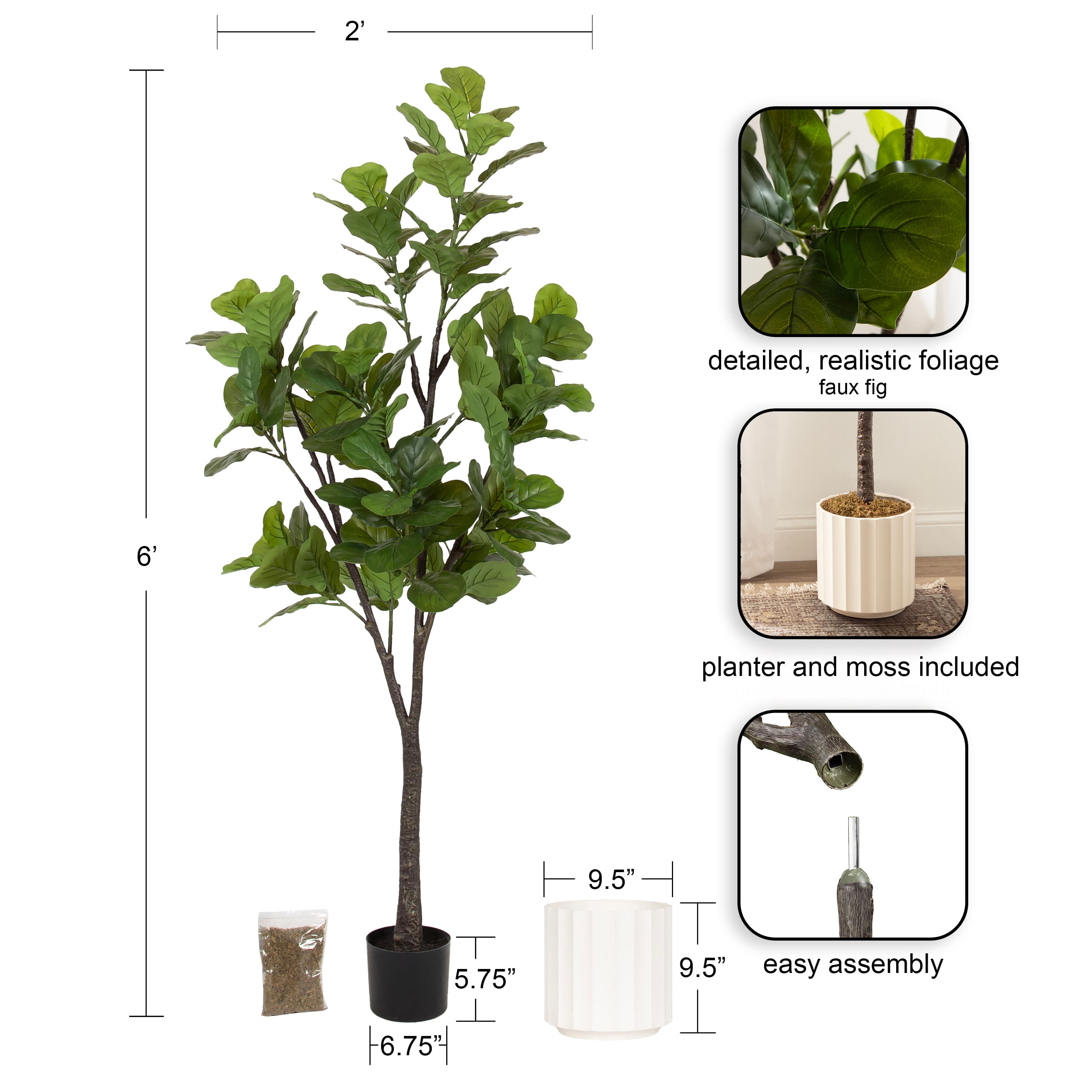 Kate and Laurel 6ft. Fidmont Faux Fiddle Fig Tree with White Planter