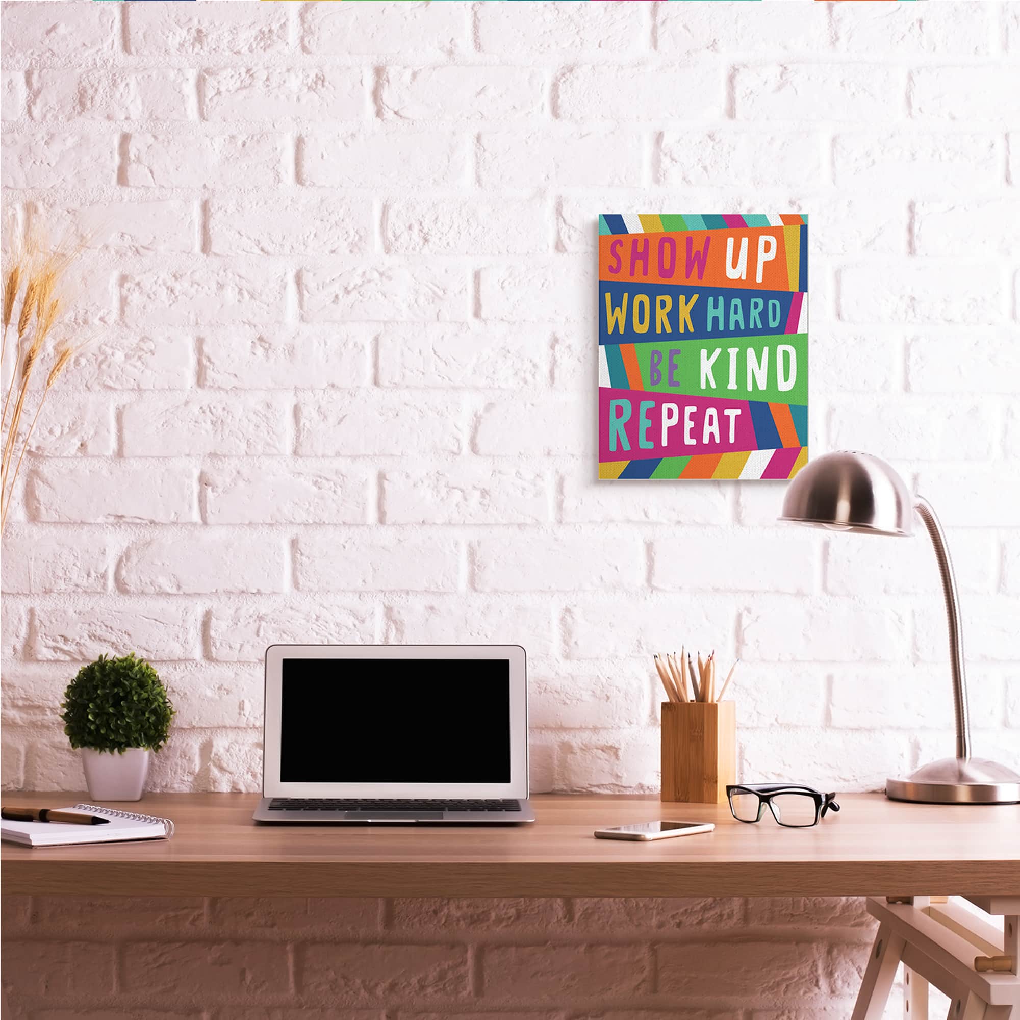 Stupell Industries Show Up Work Hard Phrase Pop Stripe Pattern Canvas Wall Art