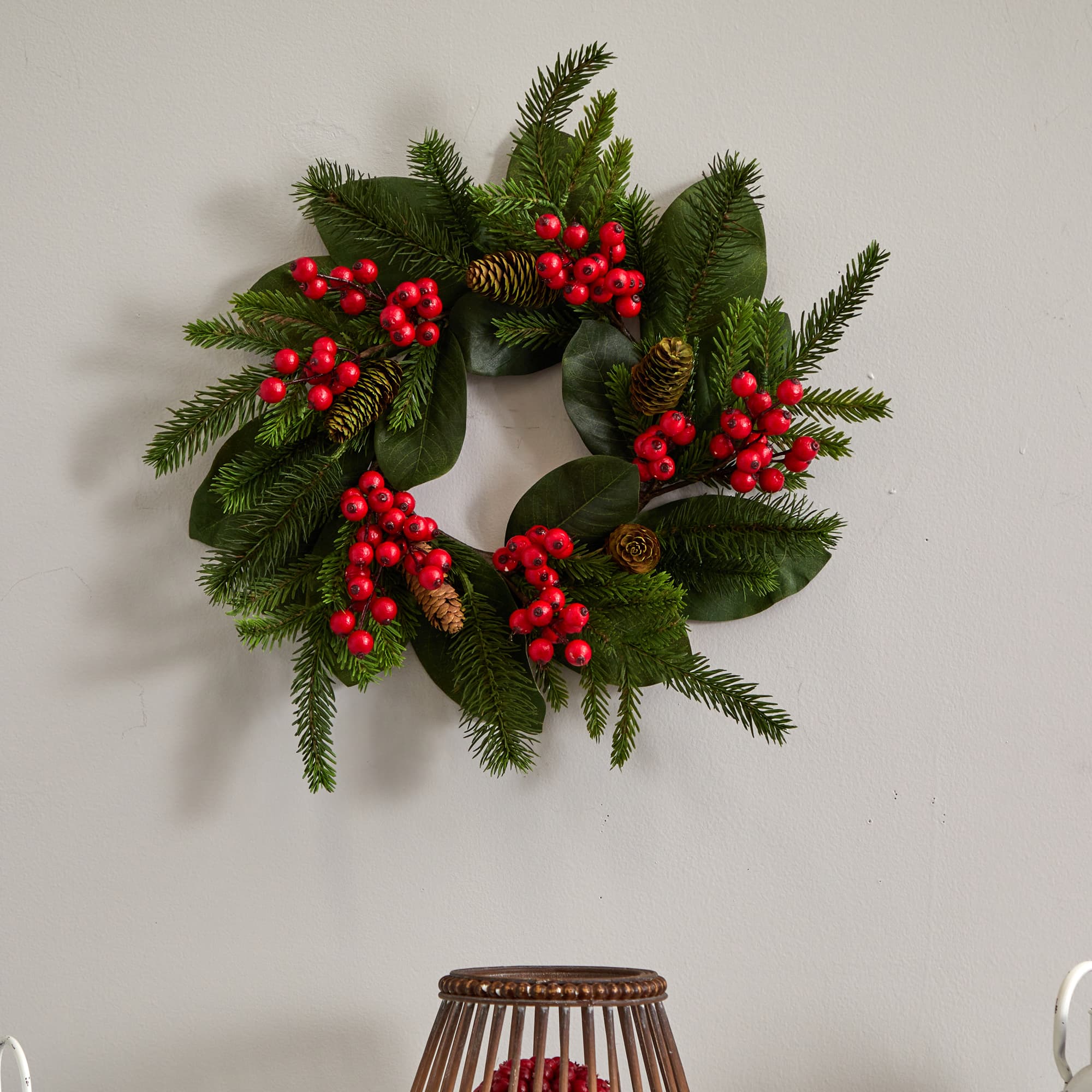 19" Magnolia Leaf, Berry & Pine Artificial Wreath