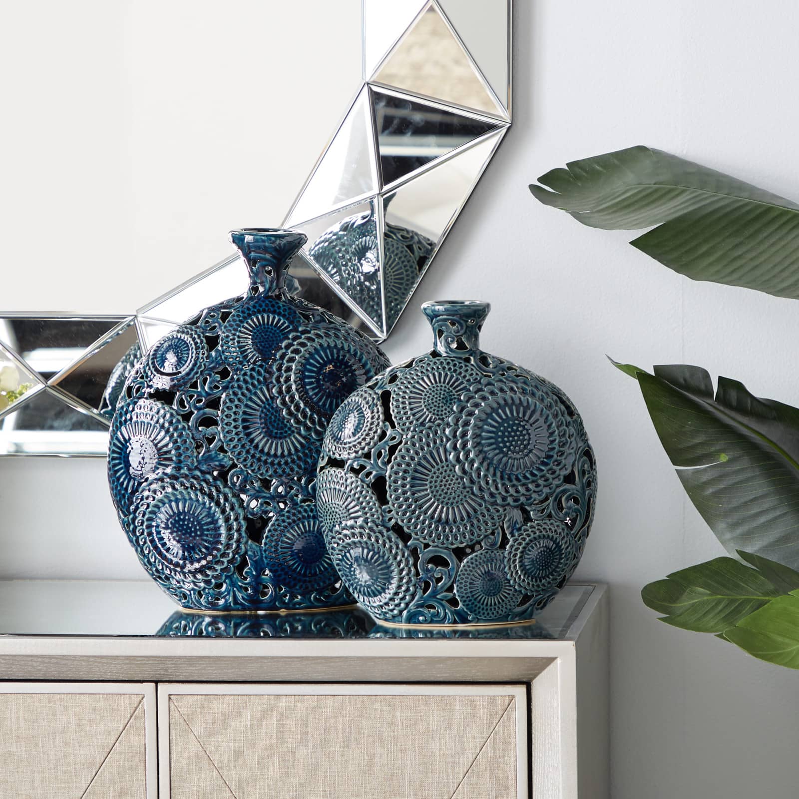 Set of 2 Blue Stoneware Eclectic Vase, 16", 13"