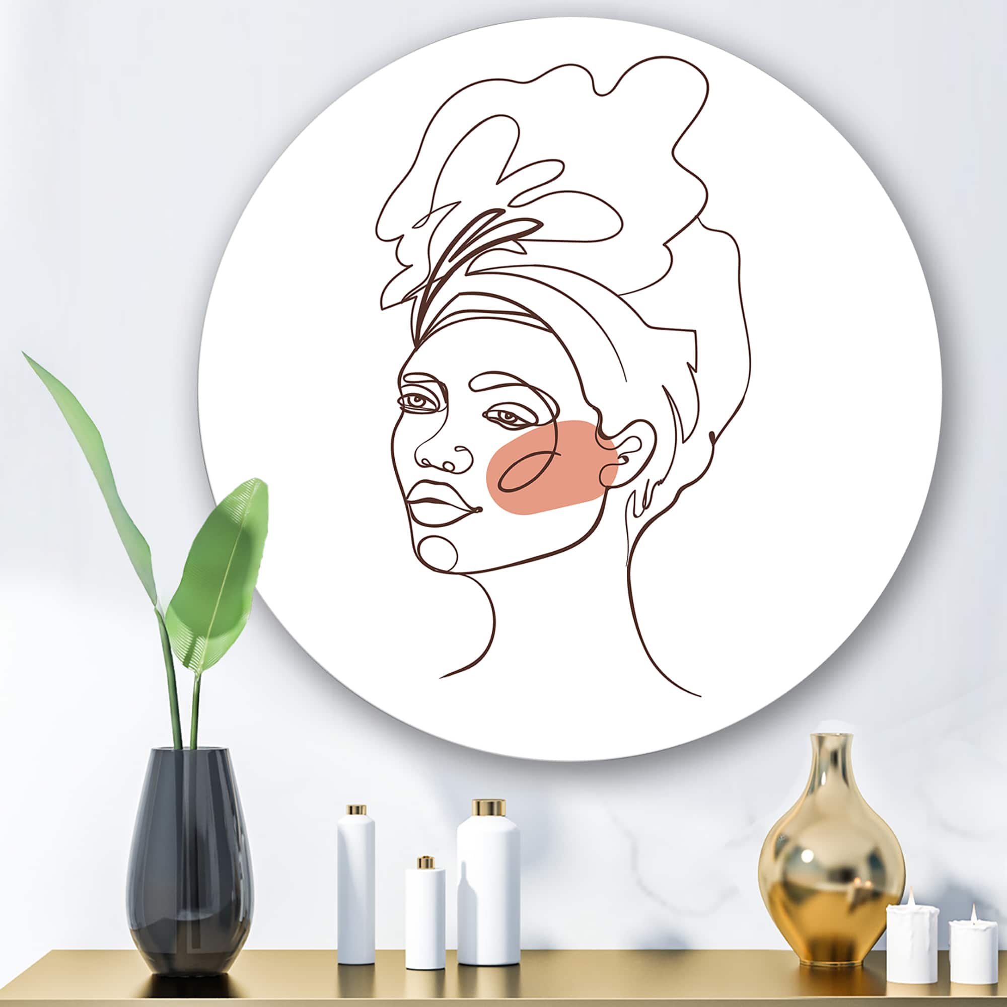 Designart - One Line Portrait of African American Woman III - Modern Metal Circle Wall Art