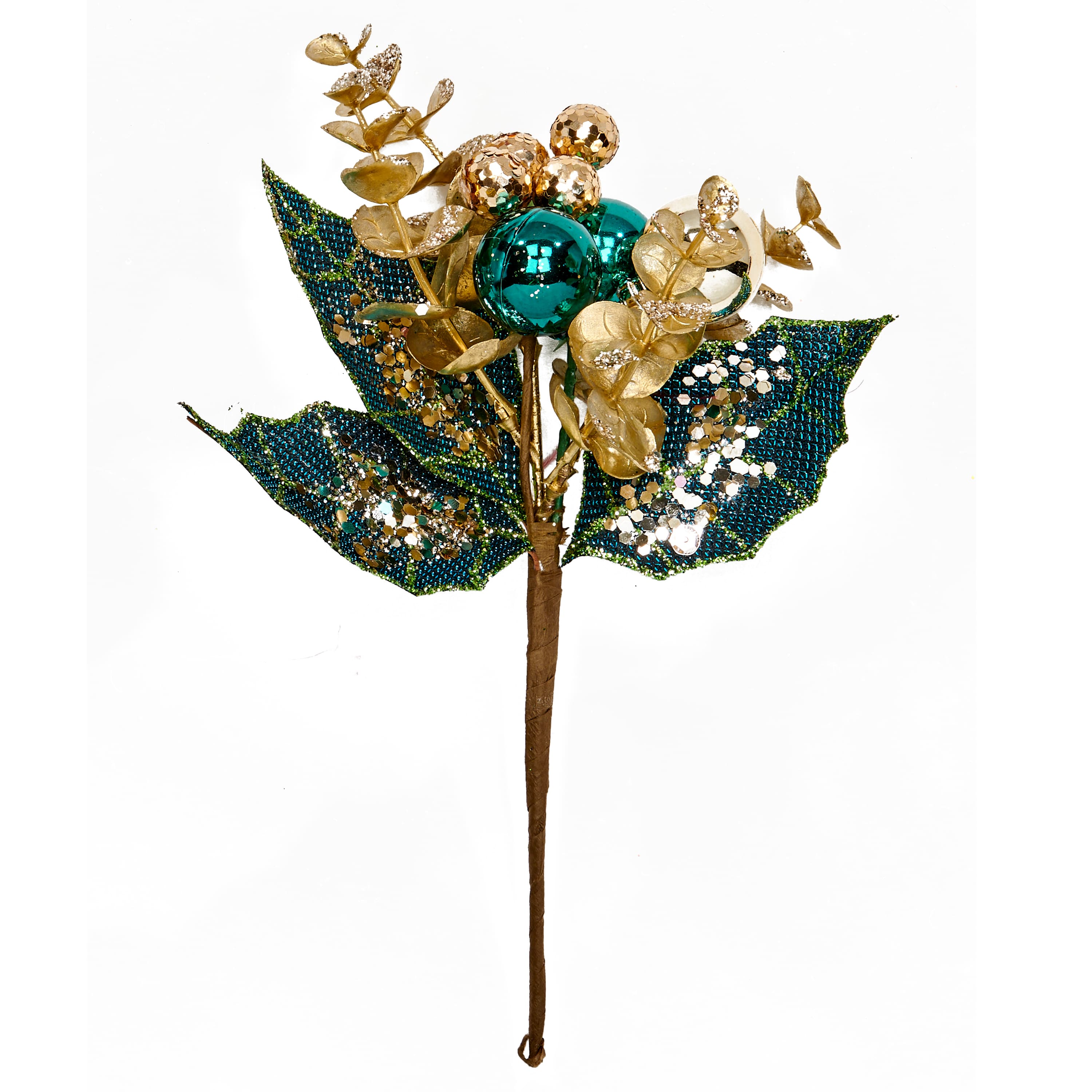 10" Christmas Blue Glittered Ball & Leaves Picks, 6ct.
