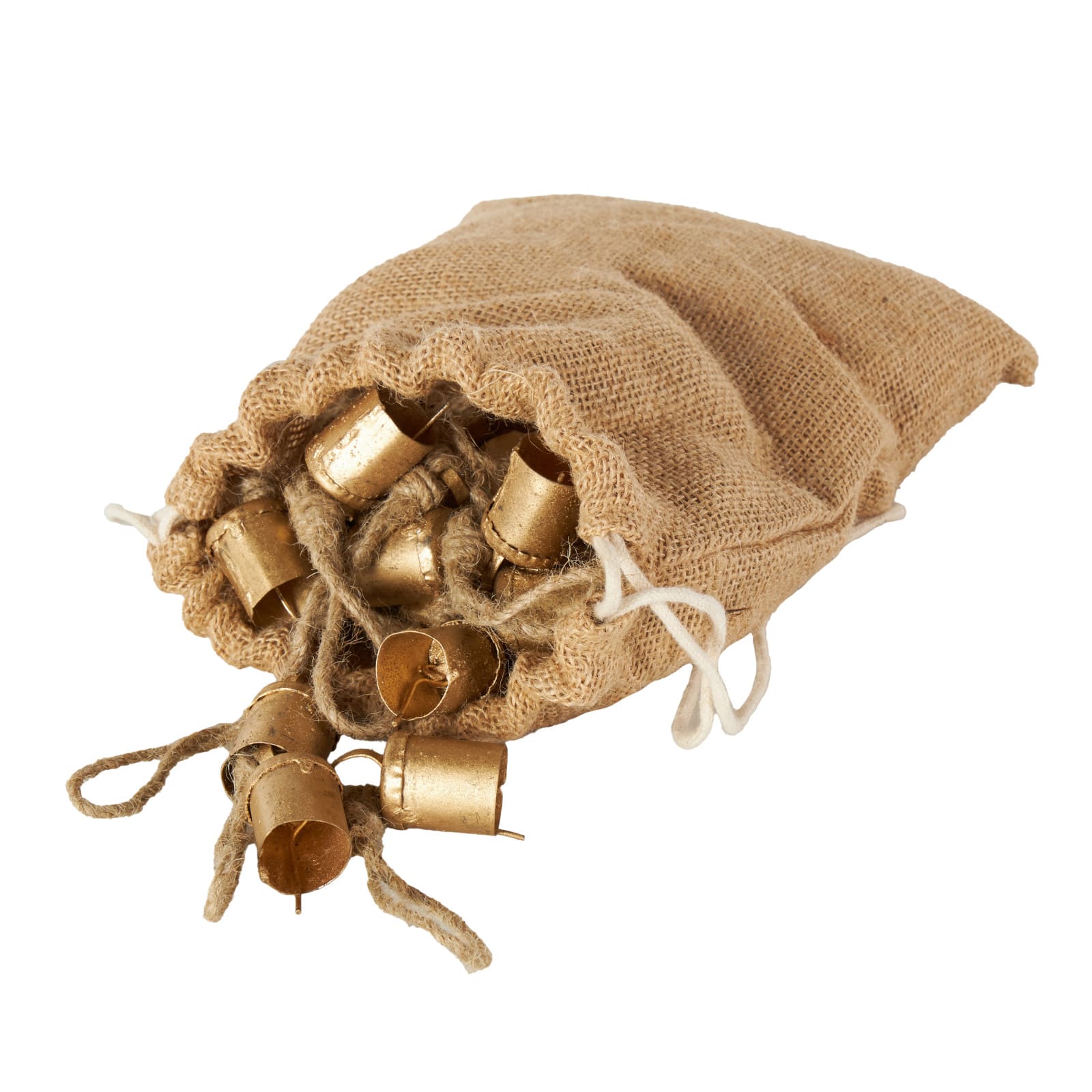 Gold Metal Tibetan-Inspired Decorative Bells with Brown Jute Rope & Canvas Drawstring Tote Set
