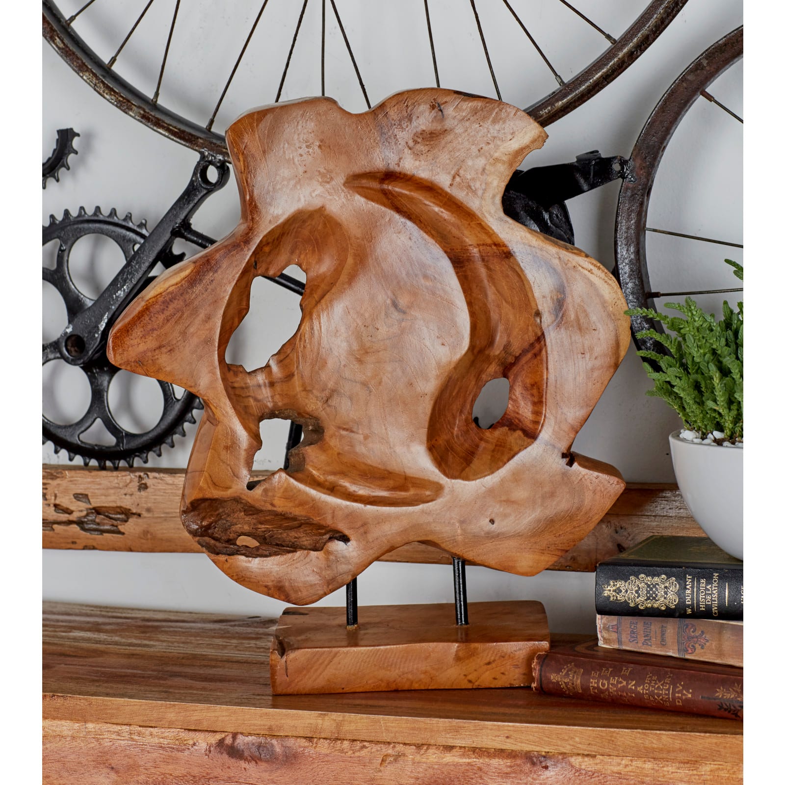 19" Brown Teak Wood Contemporary Sculpture