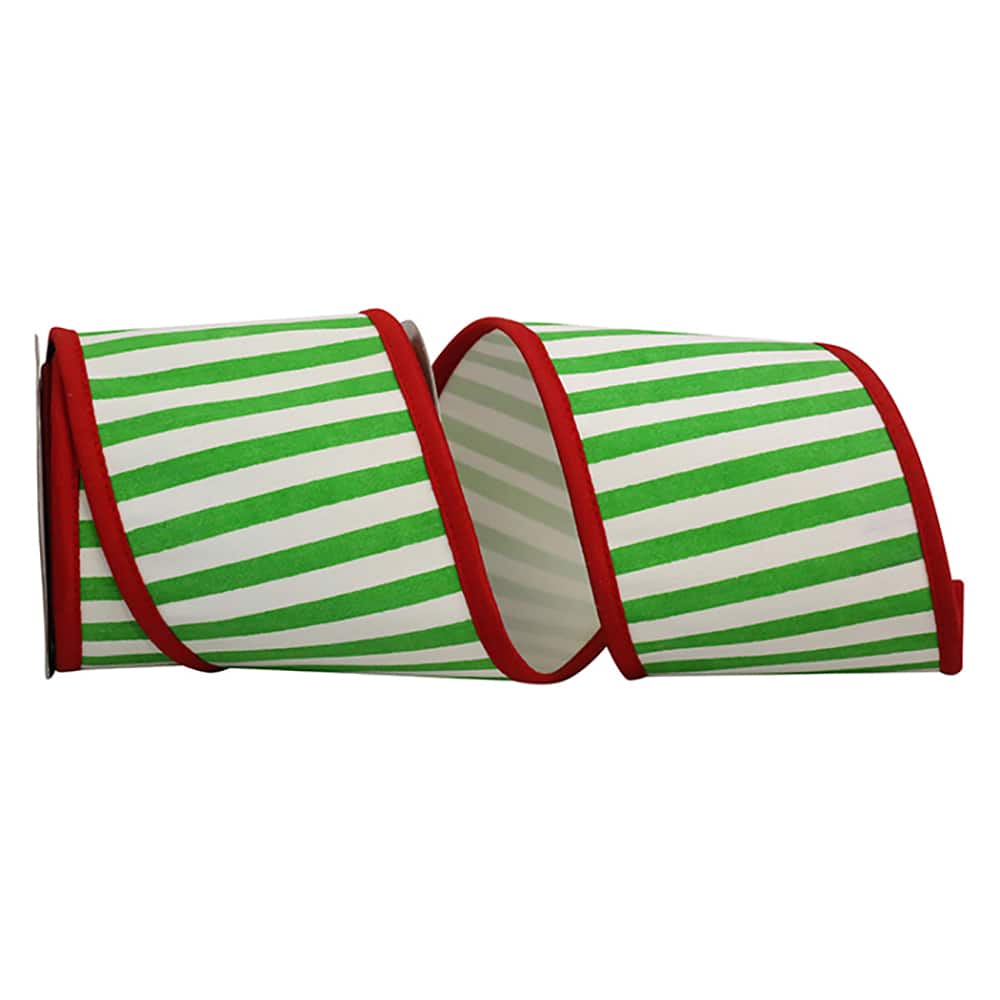 Reliant 4" x 5yd. Green & White Railroad Stripes Deluxe Folded Wired Ribbon