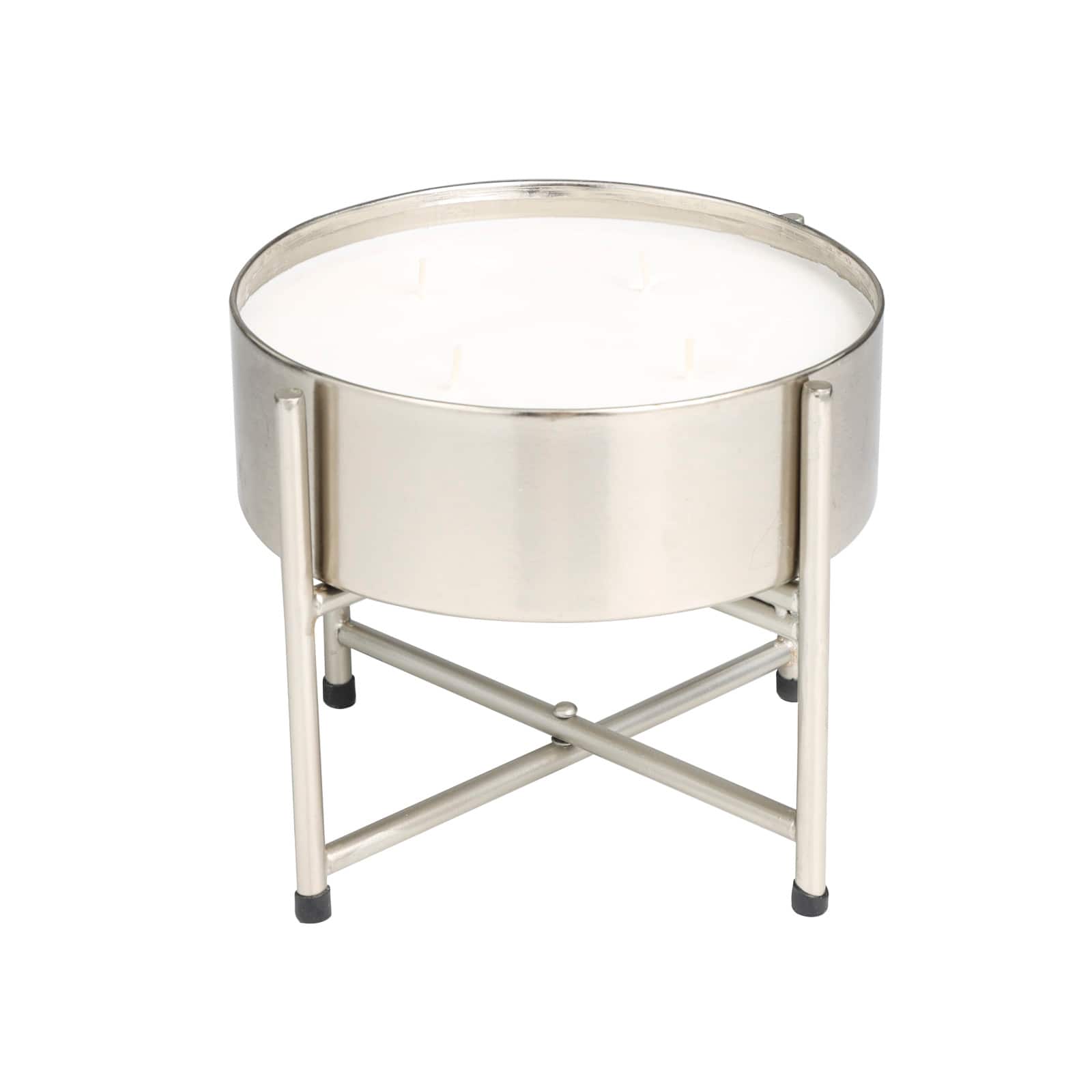 55oz. Sweet Bamboo Scented White 4 Wick Candle in Silver Bowl with Stand