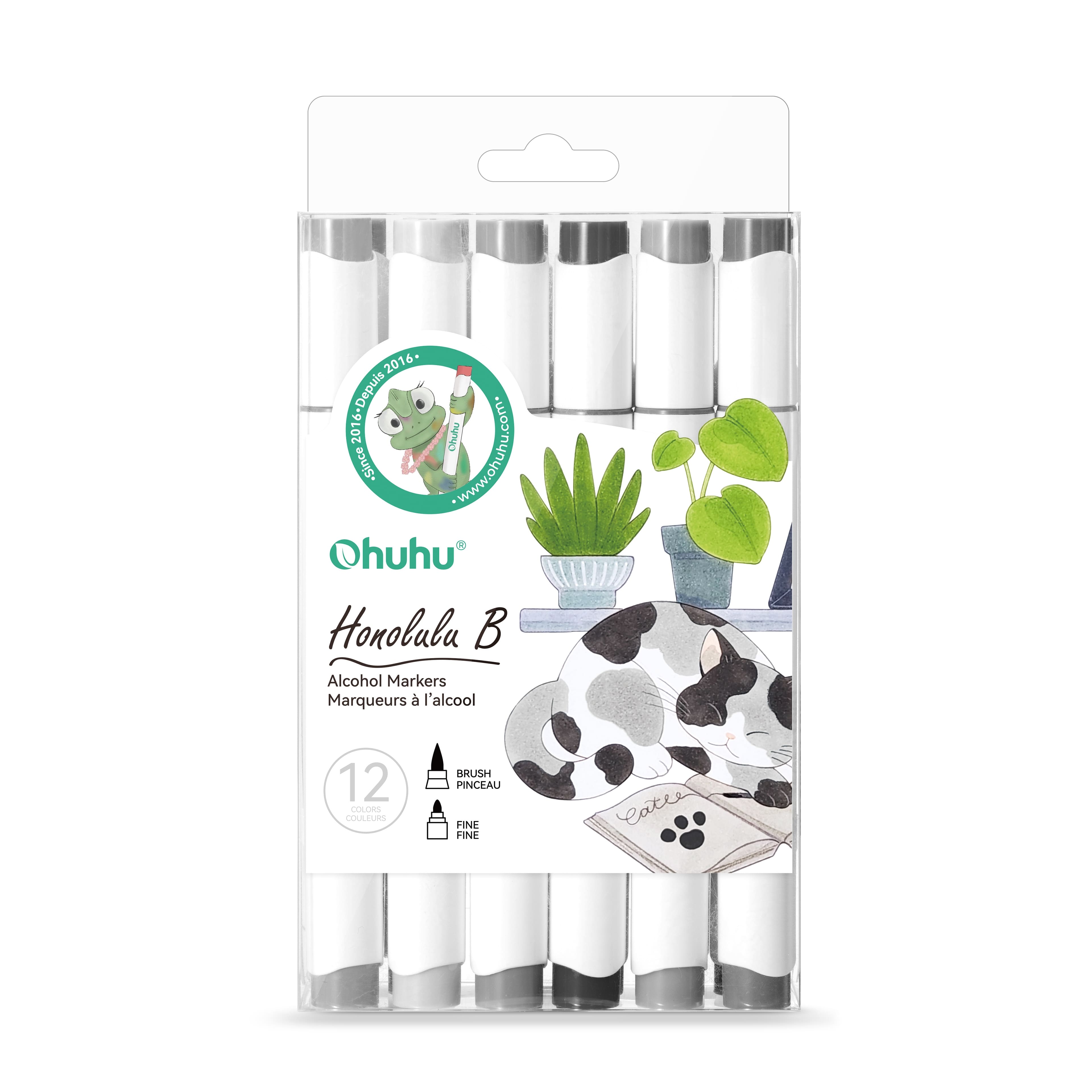 Ohuhu® Honolulu B 12 Color Brush & Fine Dual Tip Grey Tones Alcohol Markers