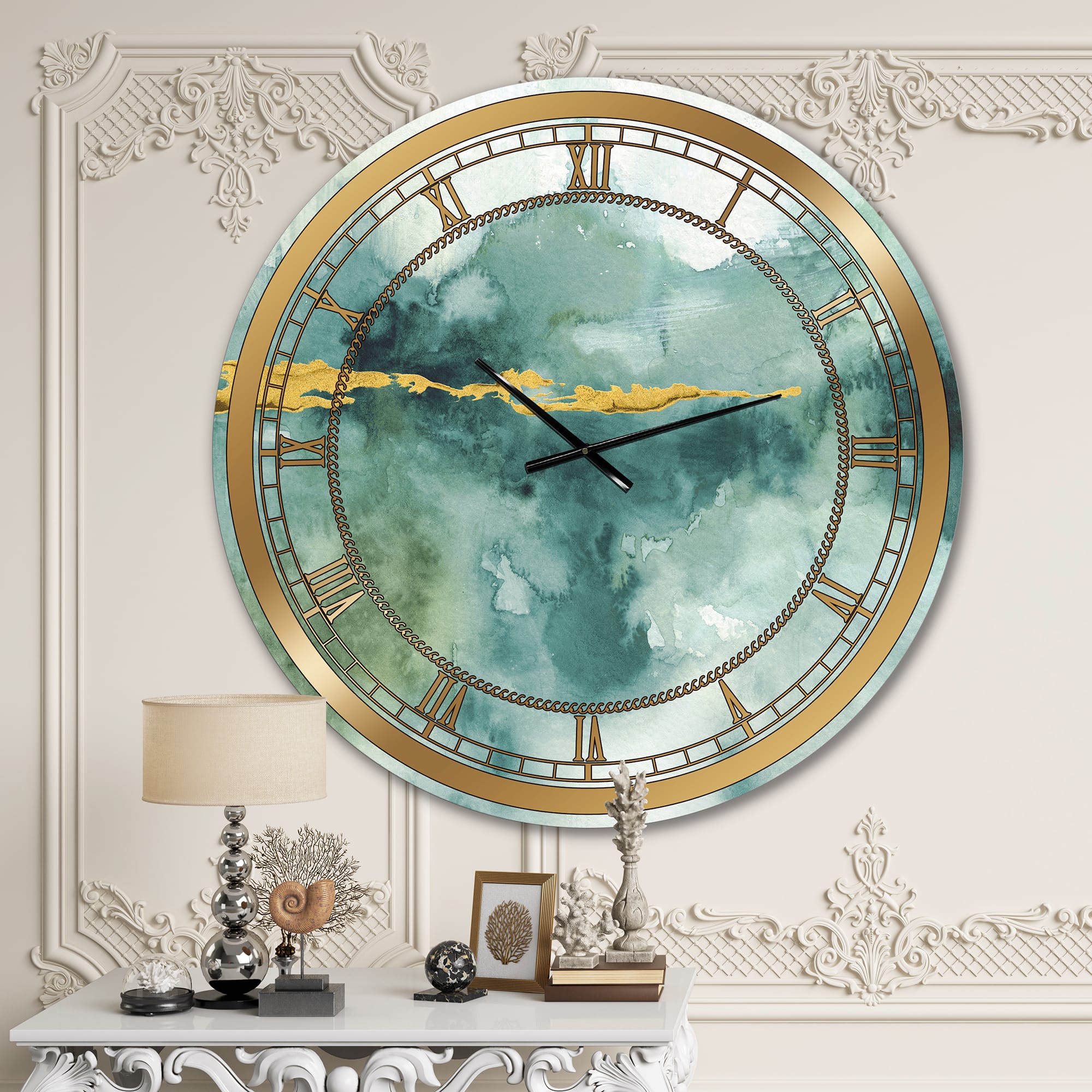 Designart Blue Watercolor Impression With Gold Wall Clock