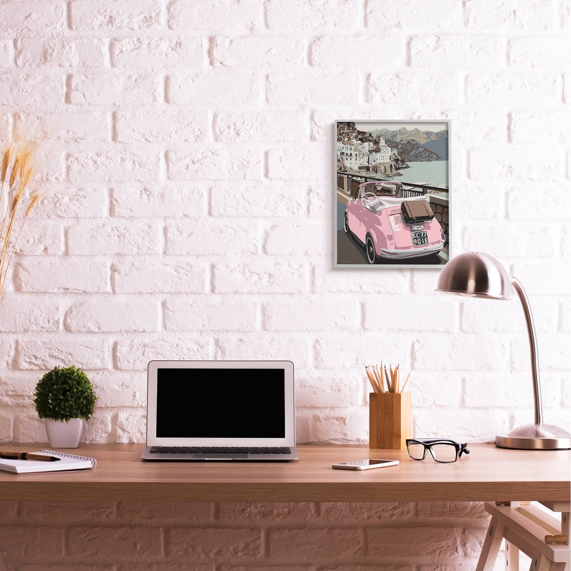 Stupell Industries Pink Car Cliffside Town on Waterfront Road in Frame Wall Art