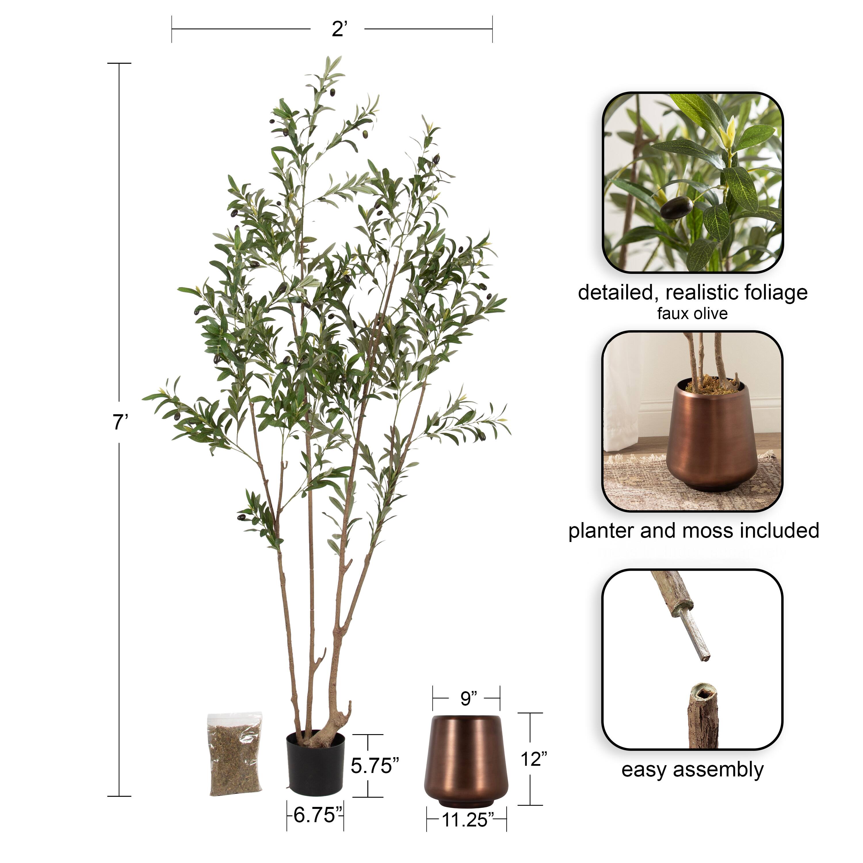Kate and Laurel 7ft. Oliveira Faux Olive Tree with Round Bronze Planter