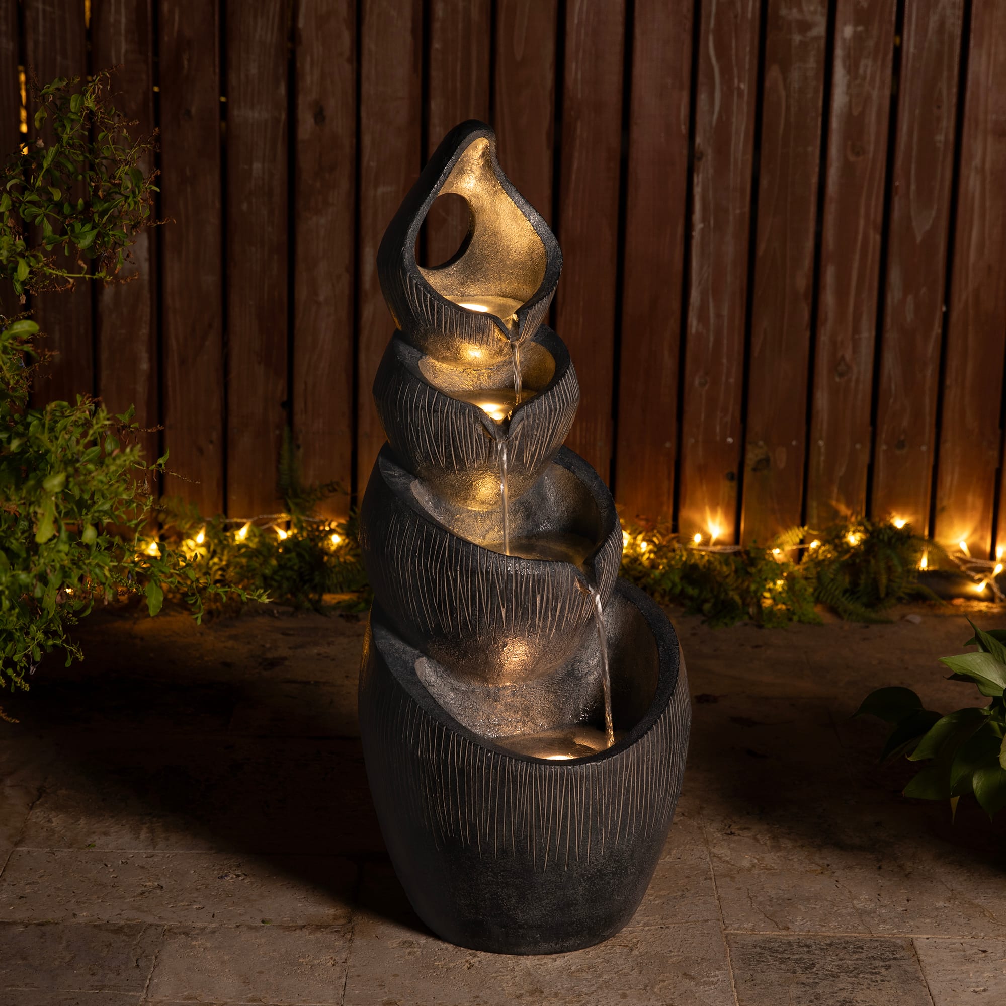Glitzhome® 34" Zen-Style LED 4-Tier Alms Bowl Outdoor Fountain