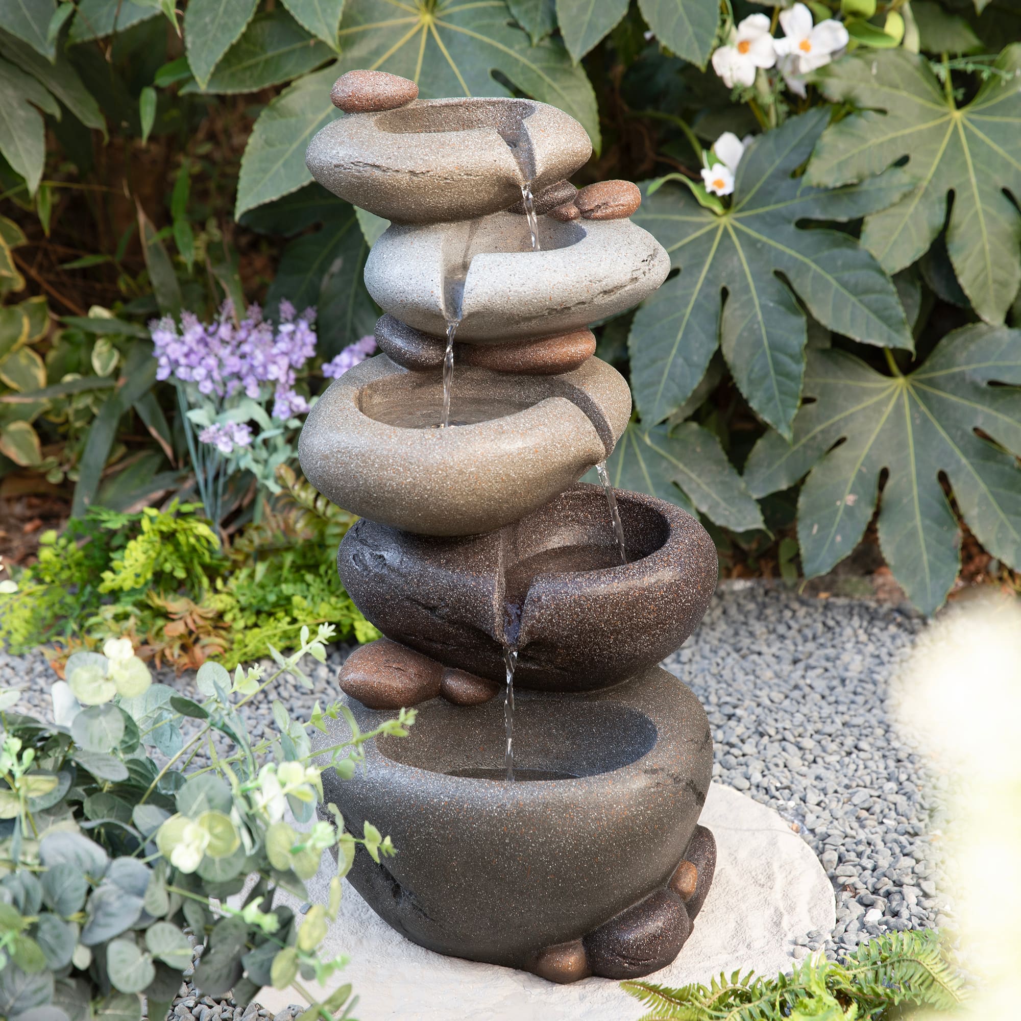 Glitzhome® 24.5" Zen-Style LED 5-Tier Stacked Pebbles Polyresin Outdoor Fountain