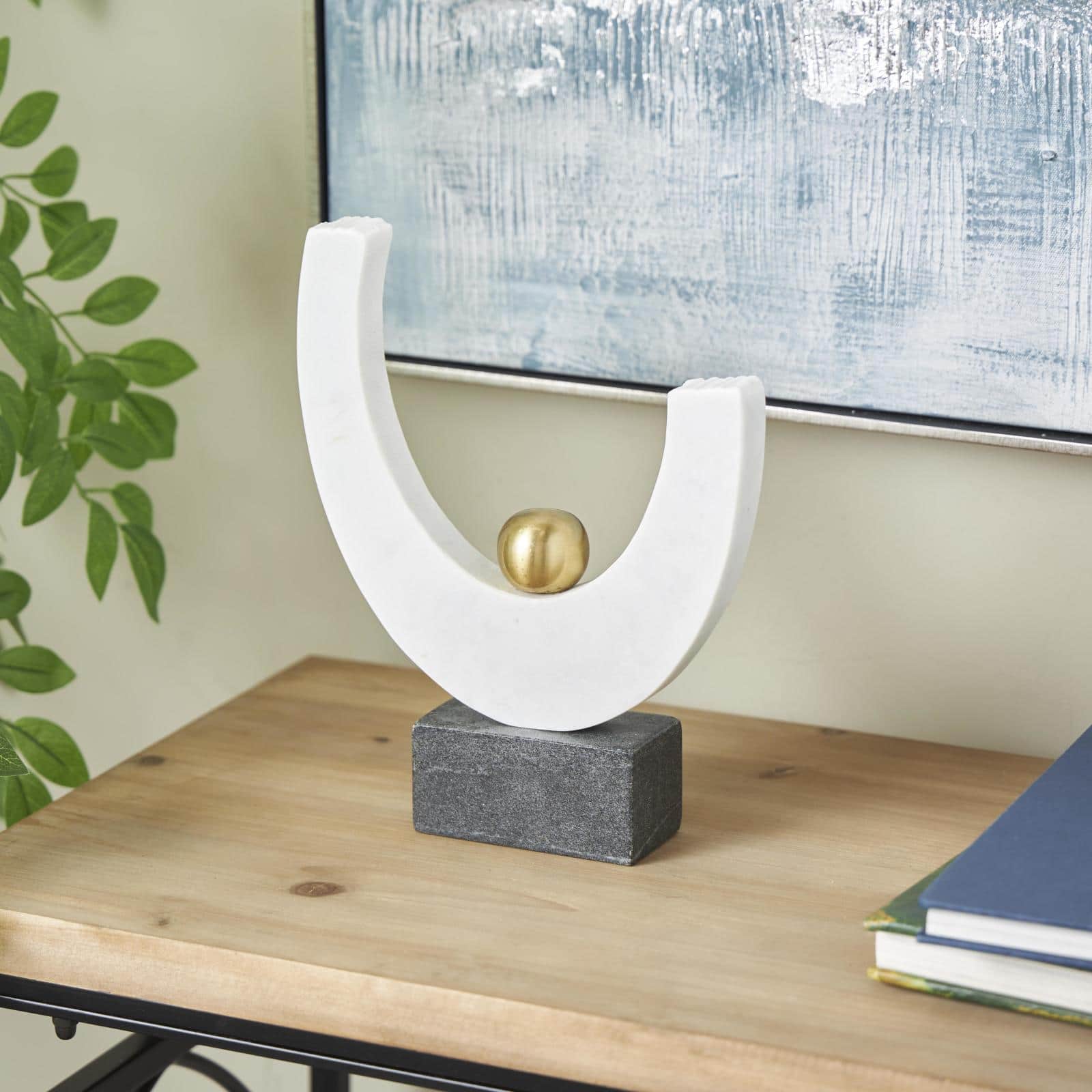 10.25" White Abstract Curved Semicircle Marble & Metal Sculpture with Gold Orb Accent