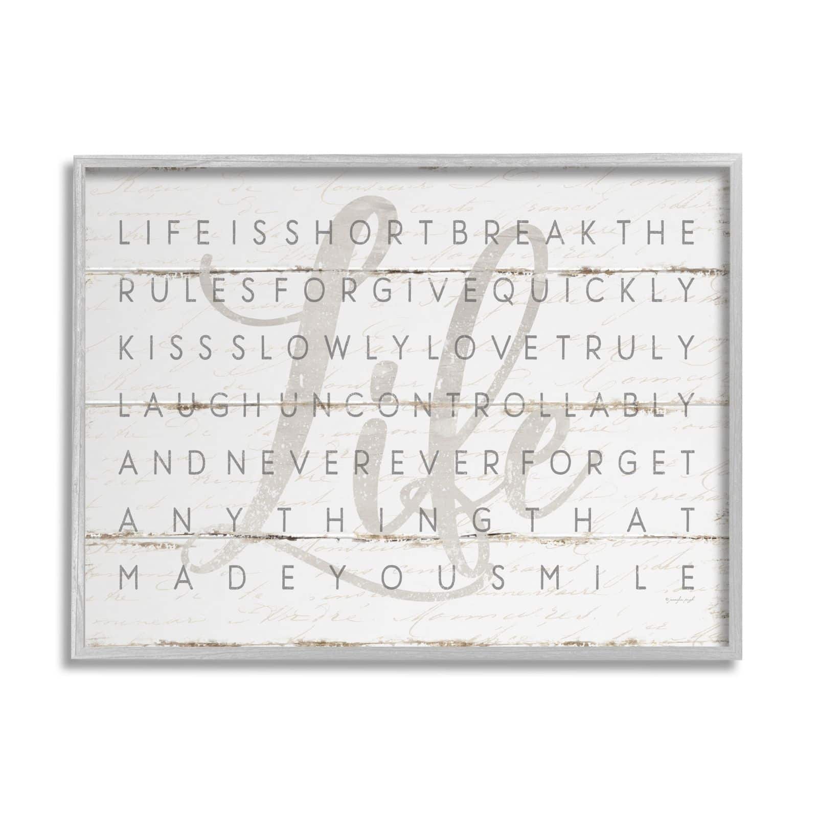 Stupell Industries Life Is Short Smile Grey on White Planked Look Framed Wall Art