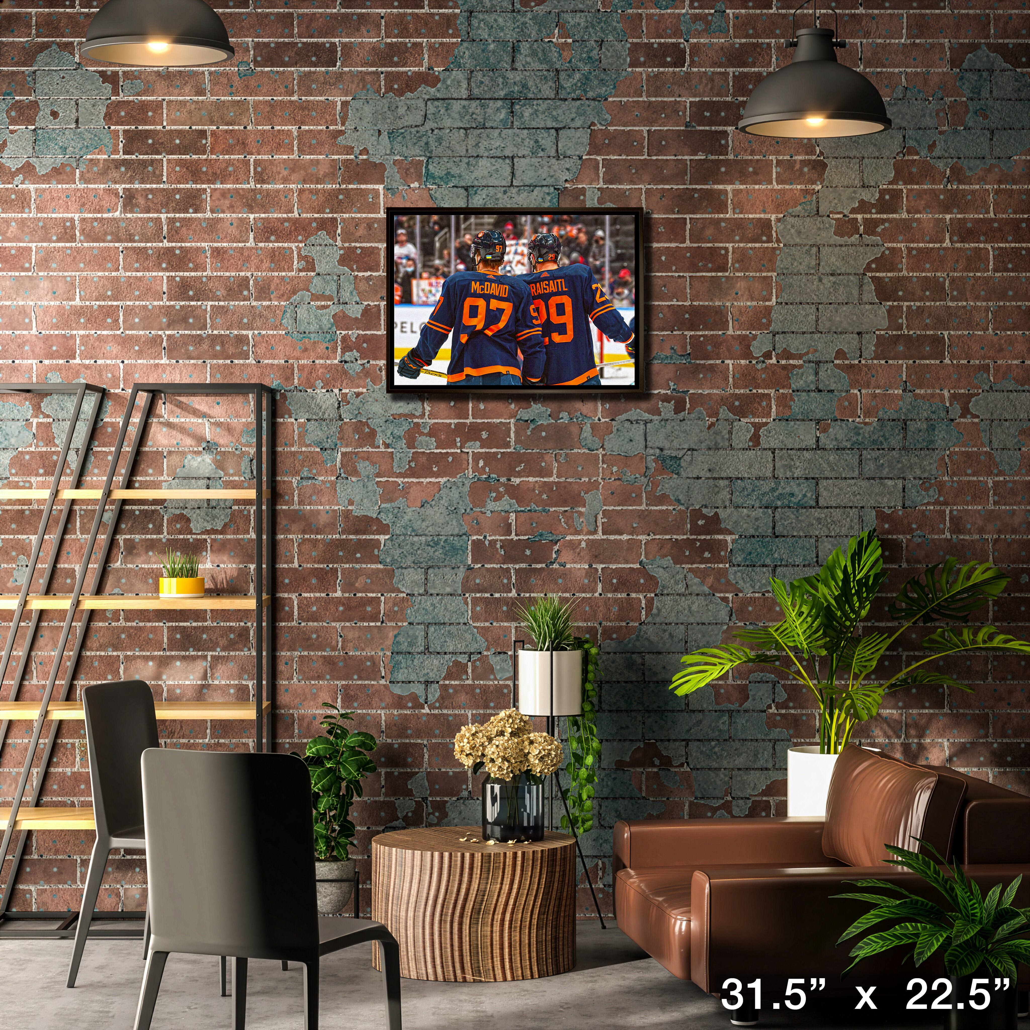 Connor McDavid and Leon Draisaitl 20" x 29" Framed Canvas Oilers Alternate Jersey Behind-H 31.5" x 22.5"