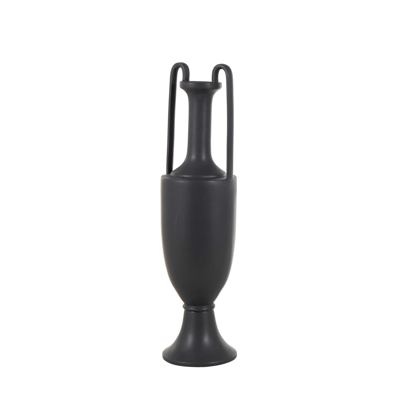 30" Black Fluted Urn Shaped Decorative Ceramic Vase with Arch Handles