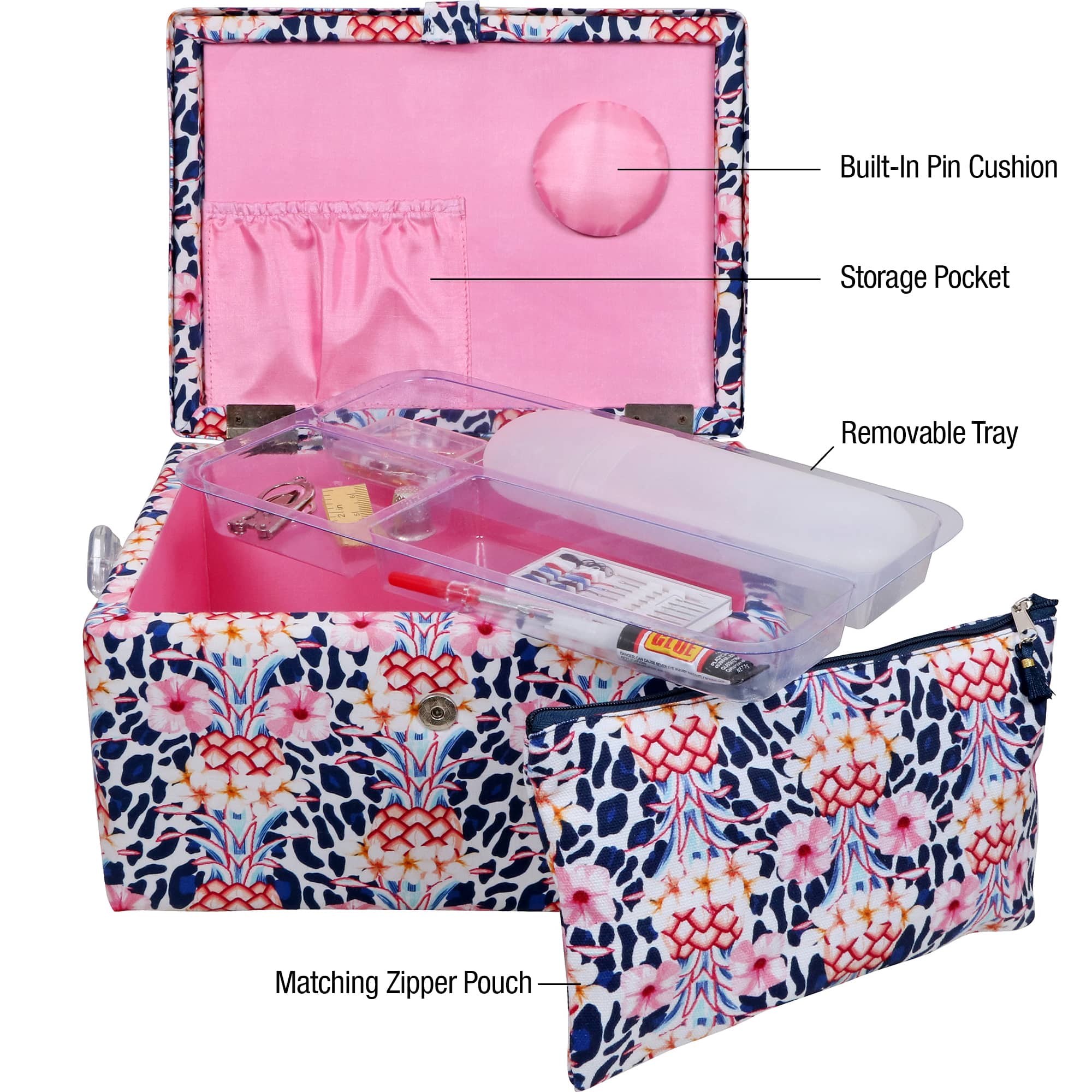 SINGER® Large Tropical Animal Print Premium Sewing Basket with Travel Sewing Kit