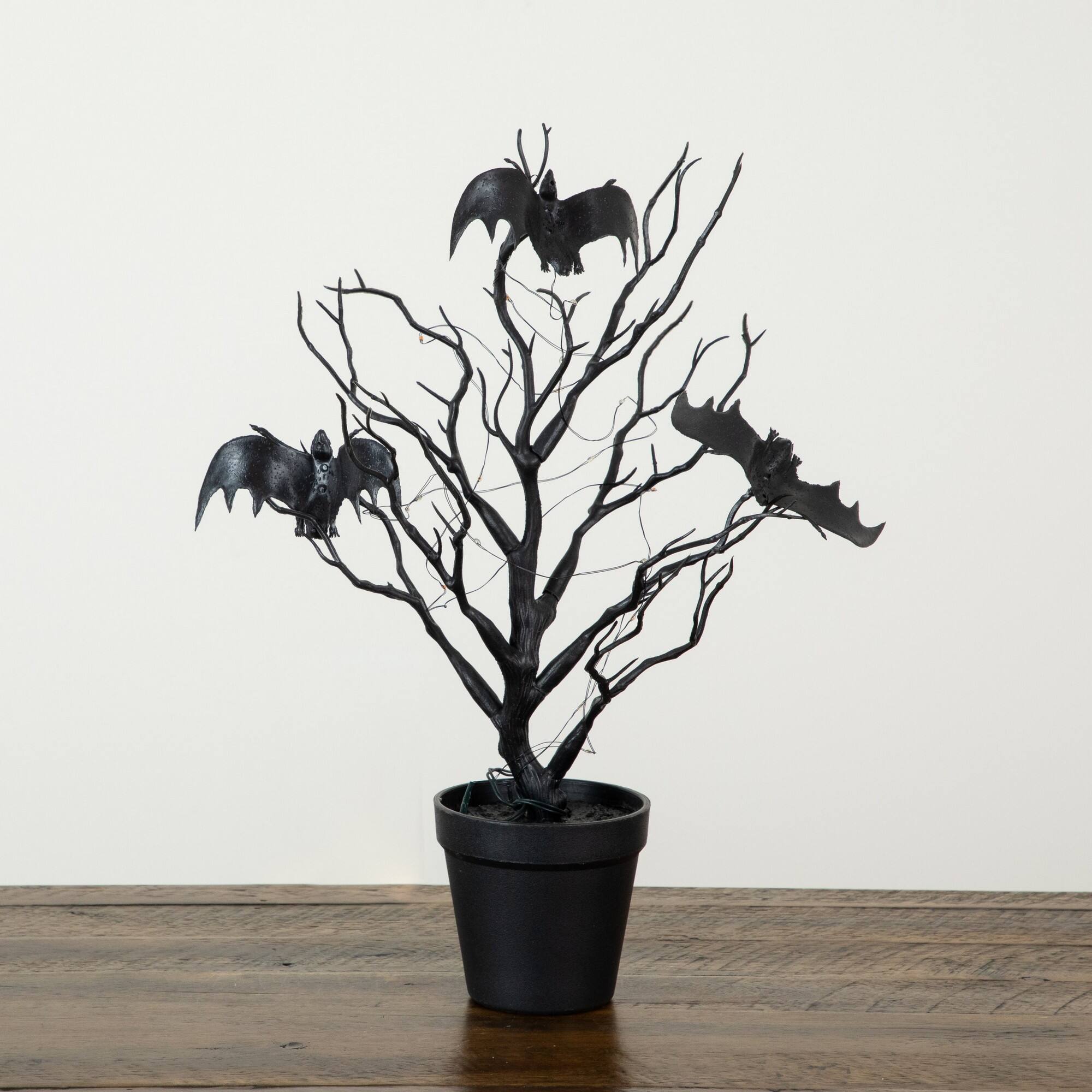 16" Pre-Lit Artificial Halloween Black Spooky Twig Tree with Bats and 20 Orange & Purple LED Lights