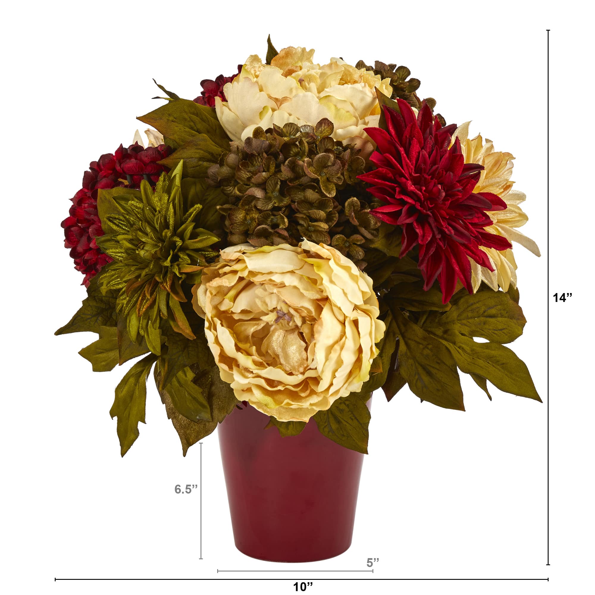 14" Peony, Hydrangea & Dahlia Arrangement in Burgundy Vase