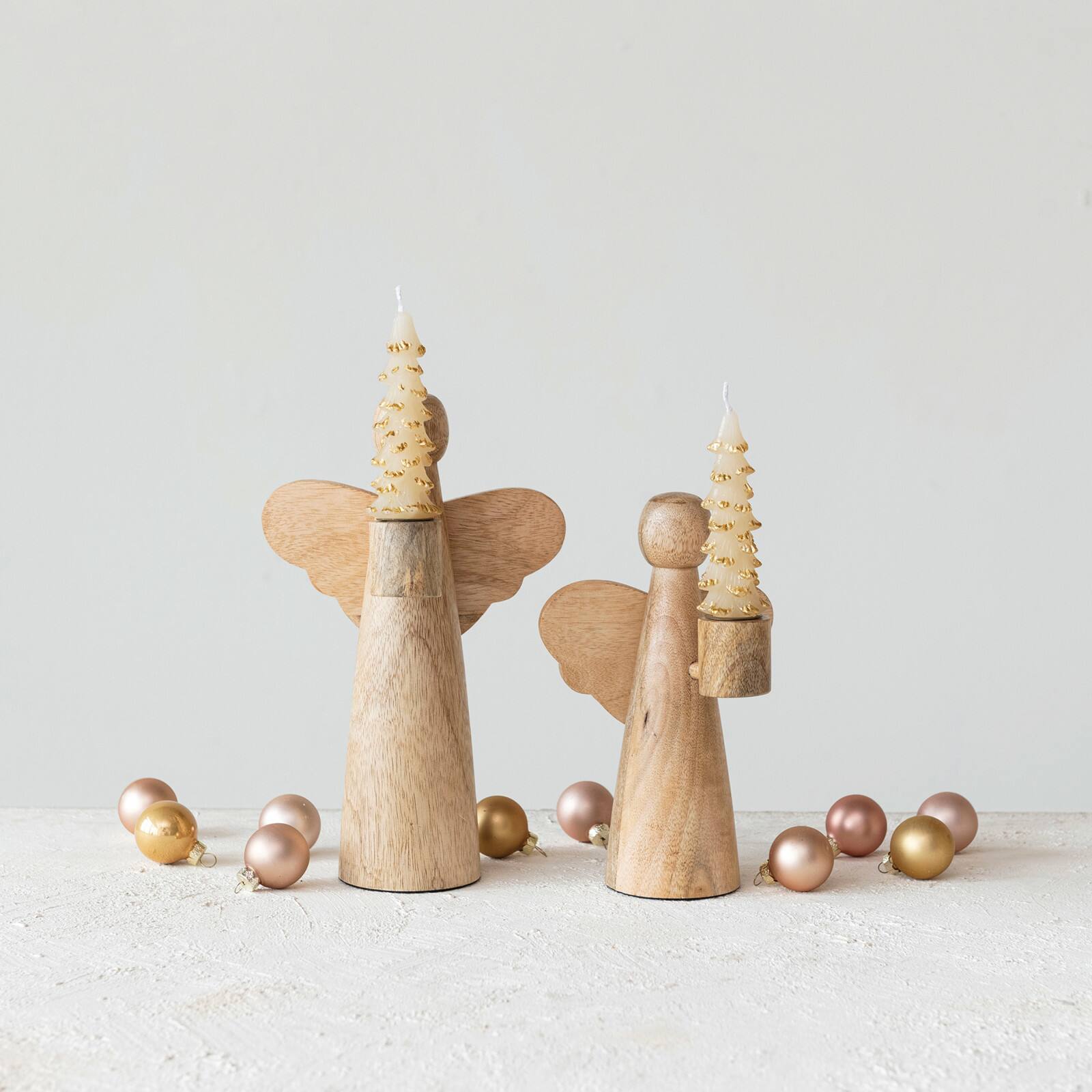 Hello Honey® 10" Natural Tall Mango Wood Angel Taper Candle Holder