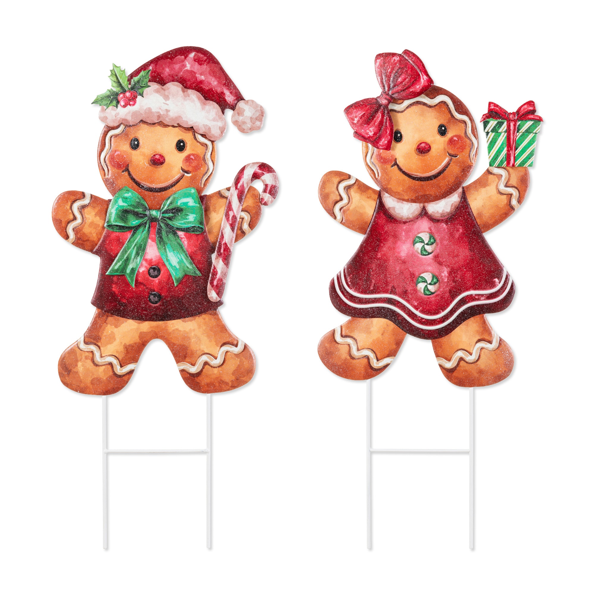 Glitzhome® Set of 2 Christmas Metal Gingerbread Boy and Girl Yard Stake