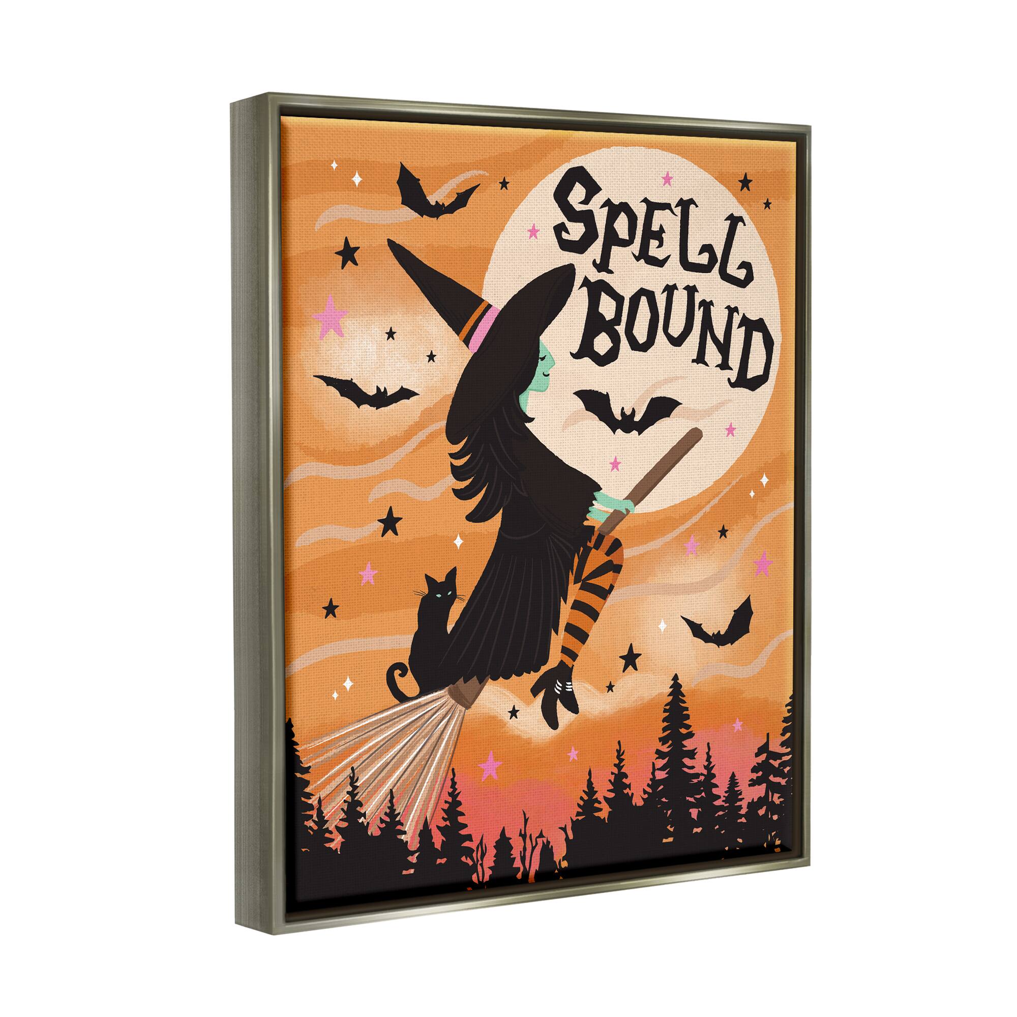 Stupell Industries Spell Bound Witch Flying Moonlit Sky Framed Floater Canvas Wall Art