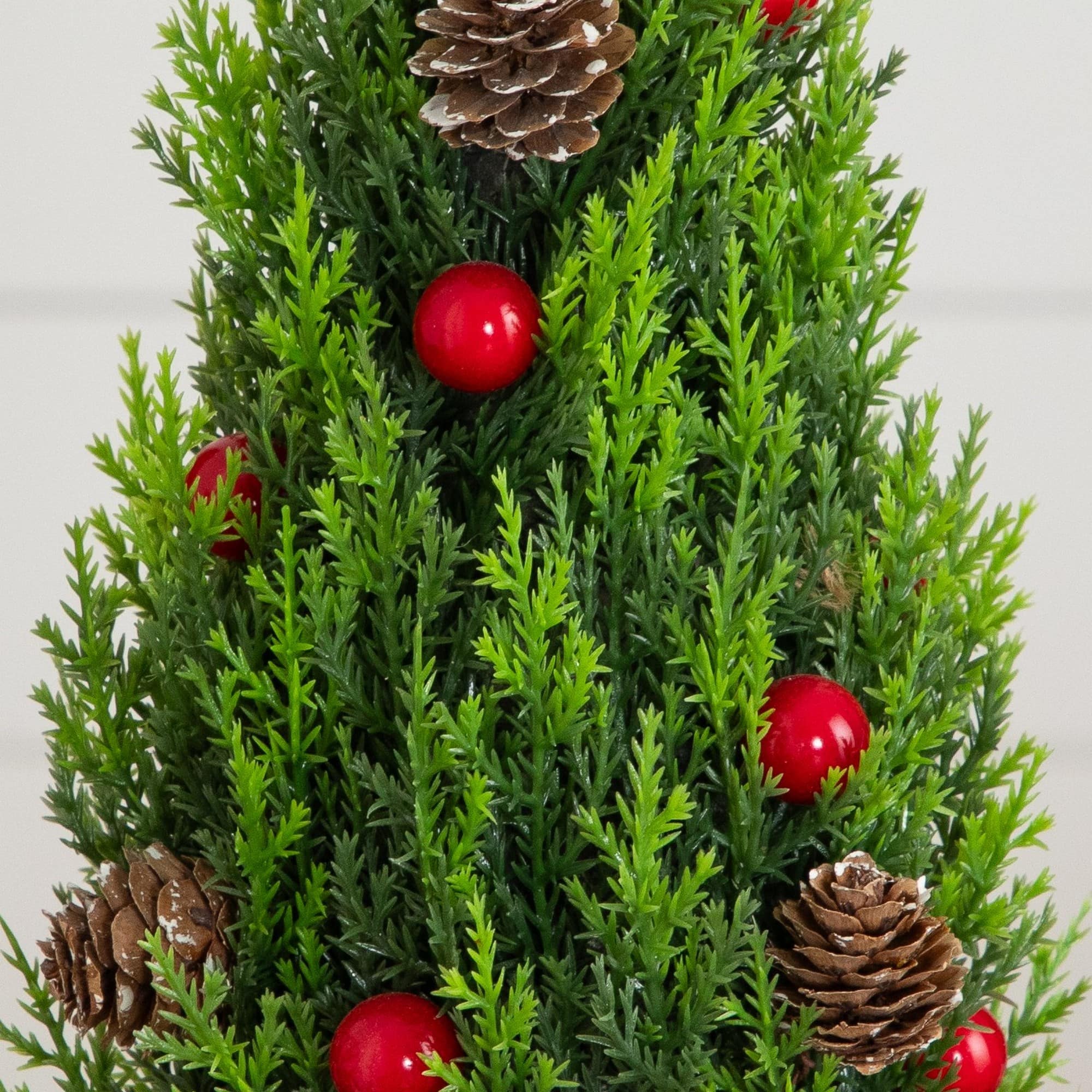 Nearly Natural Artificial Cypress Trees with Red Berries & Pinecones in White Rustic Planter Set