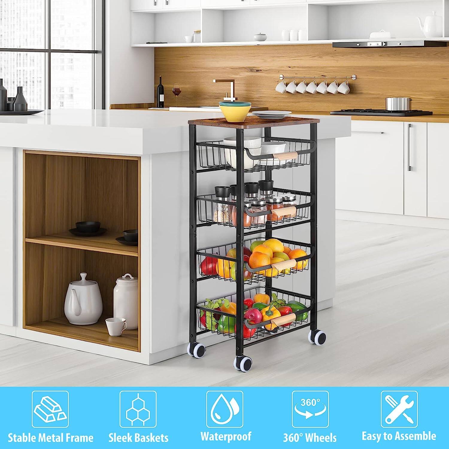 Black 5-Tier Metal Wire Basket Shelf Kitchen Storage Rolling Cart