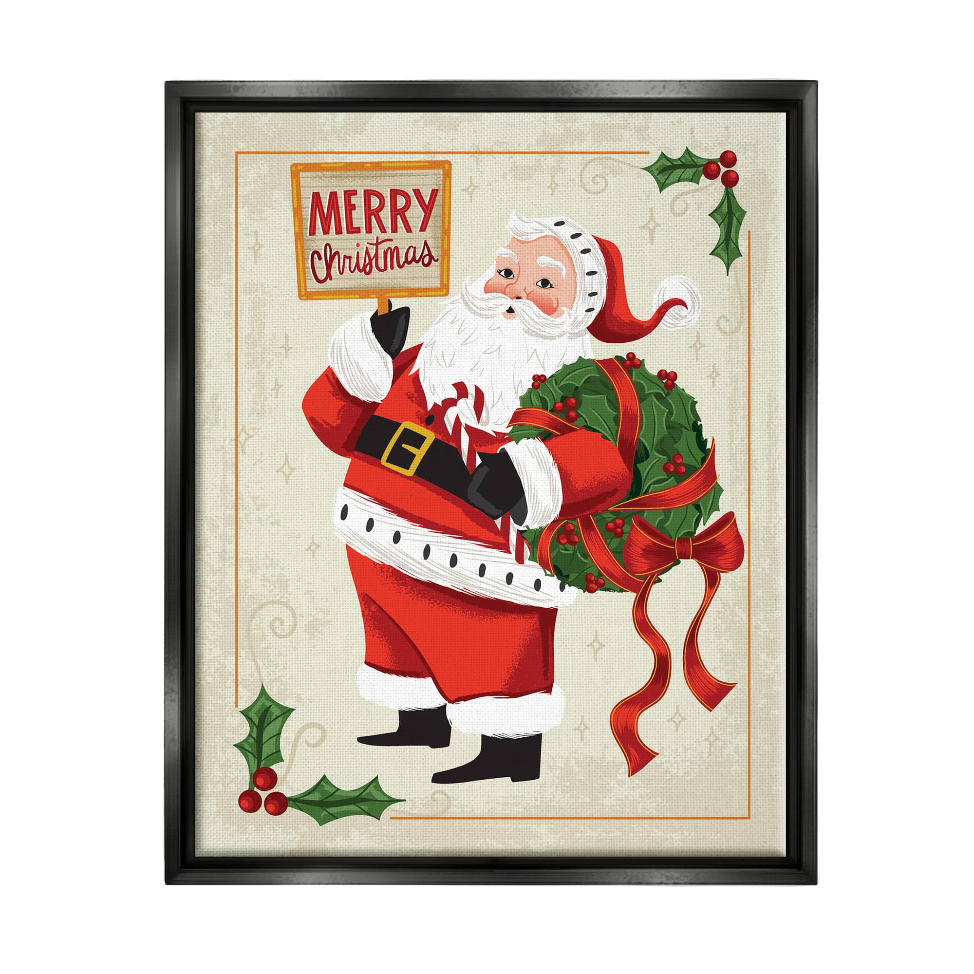 Stupell Industries Vintage Merry Christmas Santa Framed Floater Canvas Wall Art