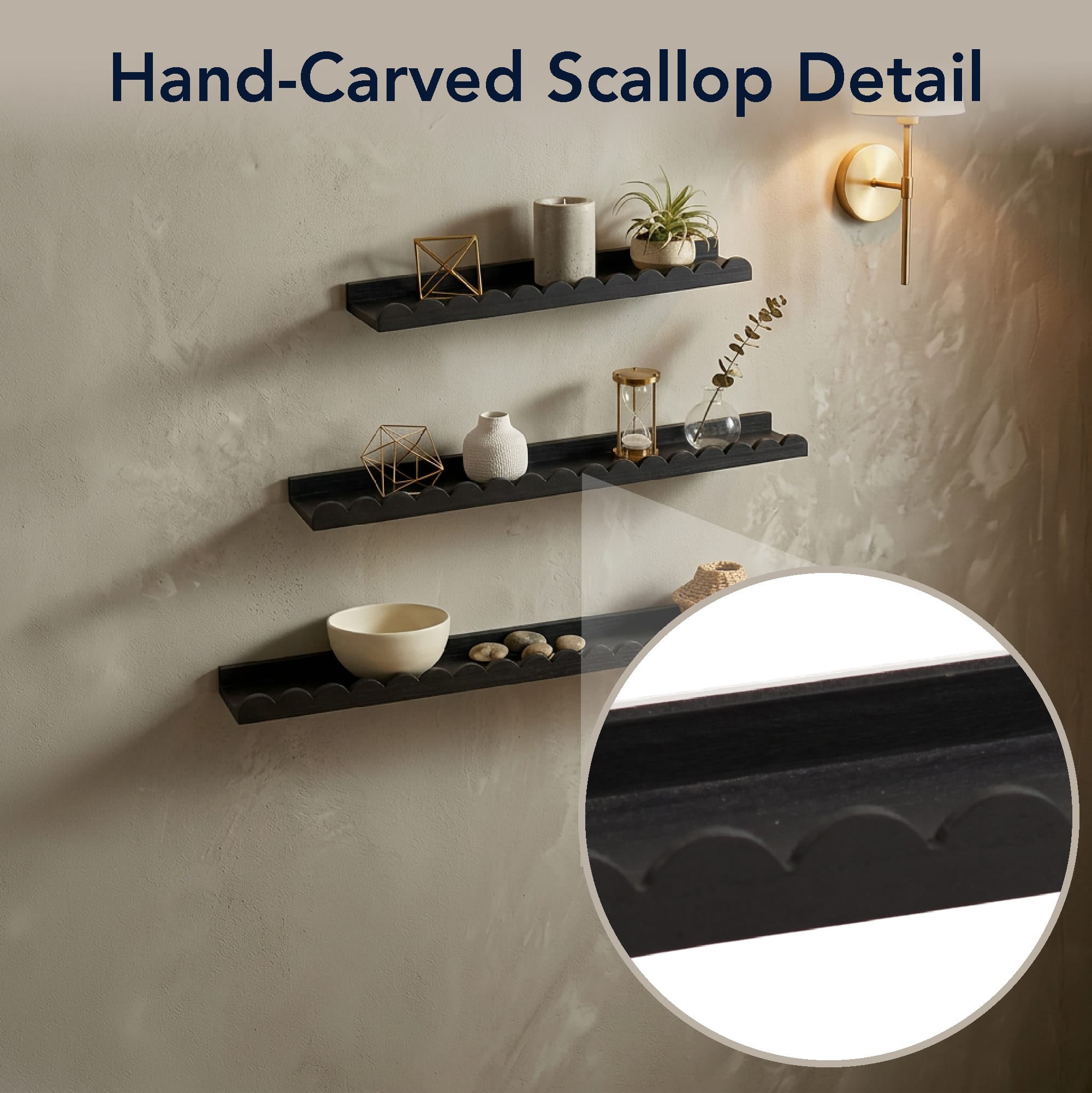 American Art Decor Matte Black Scallop Wood Floating Wall Shelf Set