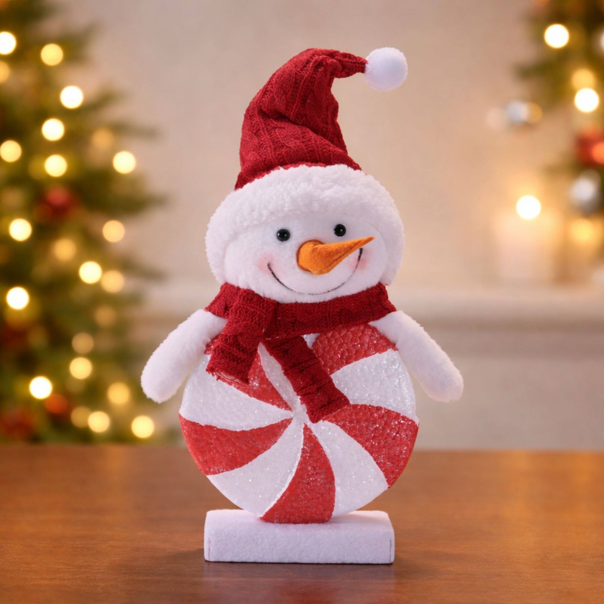 Melrose 12.75" Red & White Peppermint Snowman with Knit Hat Figurines, 2ct.