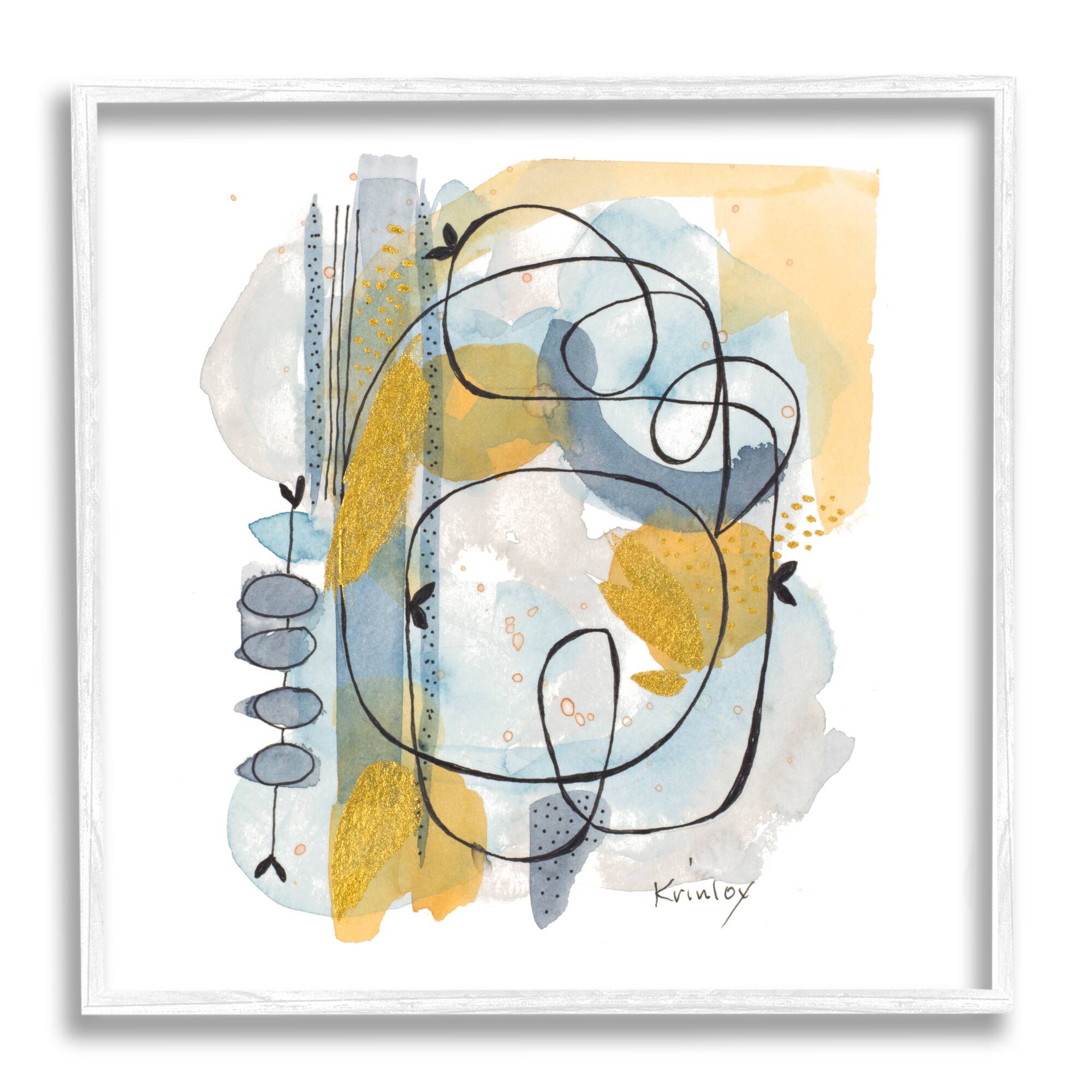 Stupell Industries Modern Leaf Line Abstraction Yellow Blue Watercolor Framed Wall Art