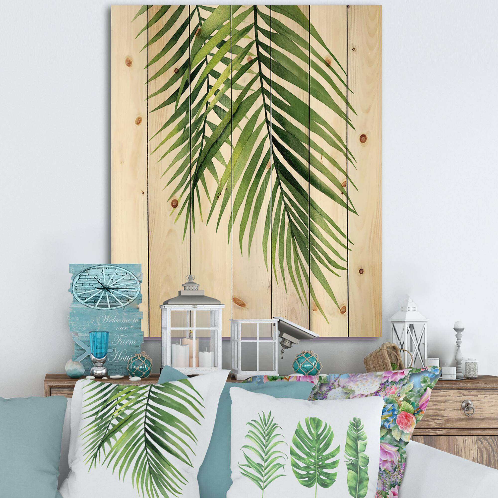 Designart - Detail Tropical Palm Branches - Tropical Print on Natural Pine Wood