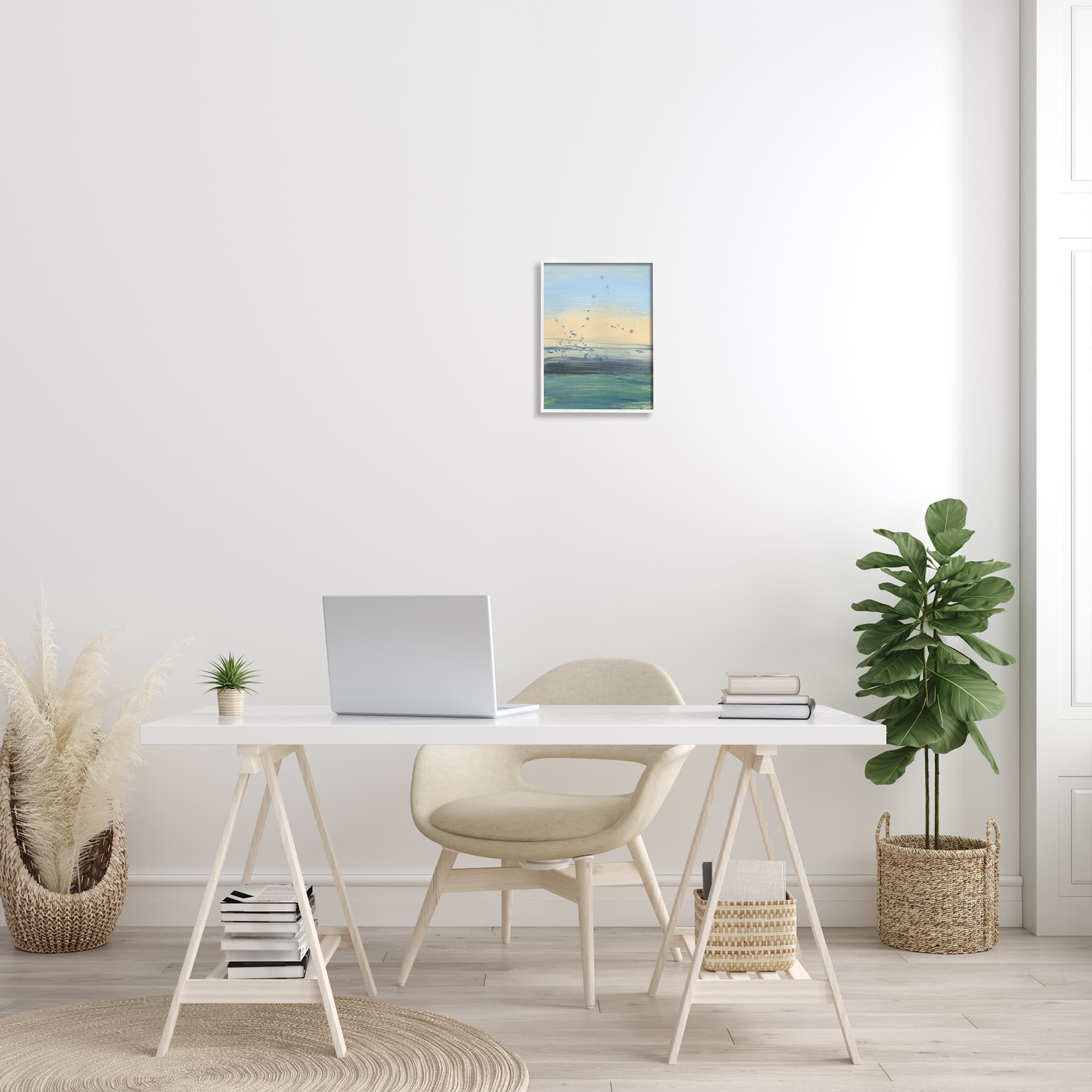 Stupell Industries Conceptual Yellow Ocean Sunset Blue Paint Splatter in White Frame Wall Art