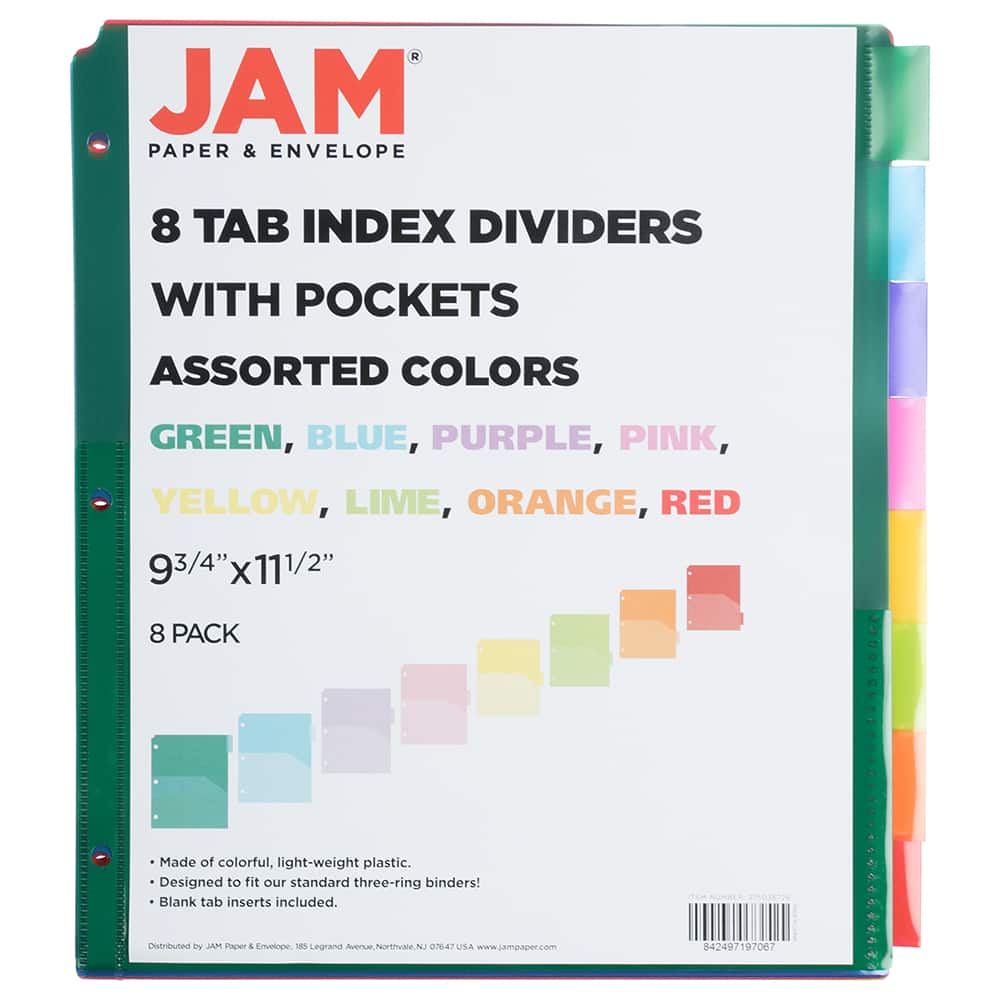JAM Paper 9.75" x 11.5" 8-Tab Plastic Index Tab Dividers with Double Pockets